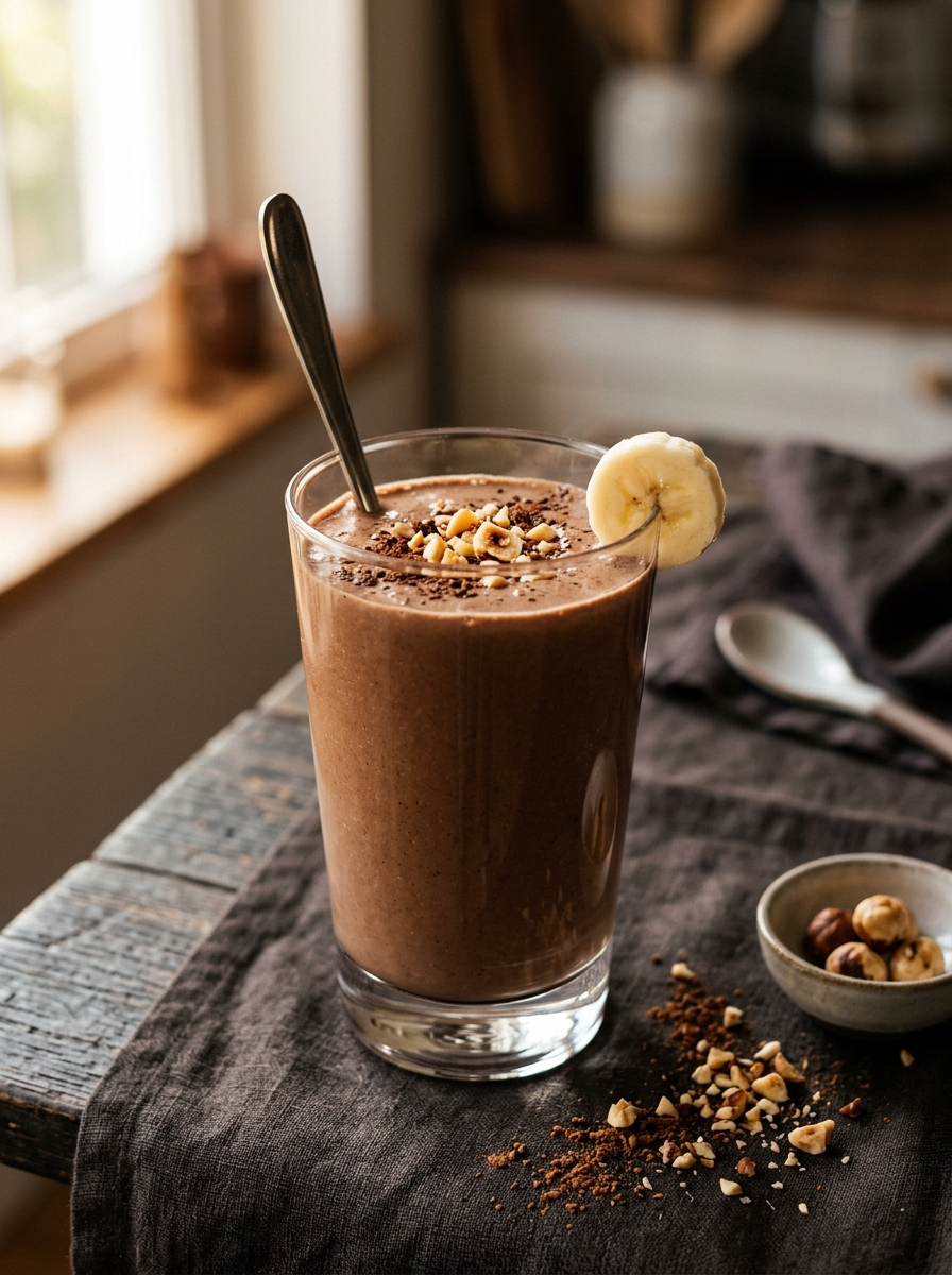 Italian chocolate hazelnut smoothie in a tall clear glass - a rich deep chocolate-brown cacao and hazelnut smoothie garnished with chopped toasted hazelnuts, a dusting of cacao powder, and a banana slice, with whole hazelnuts alongside