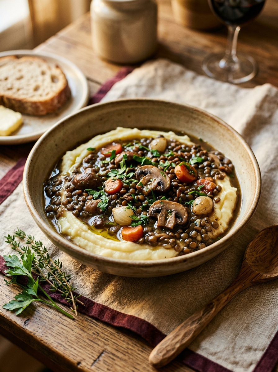 French Lentil and Mushroom Bourguignon in a wide shallow ceramic bowl - a dark glossy stew of French green lentils, cremini mushrooms, pearl onions and carrots in a rich herb-scented sauce, served over mashed potatoes and garnished with fresh parsley