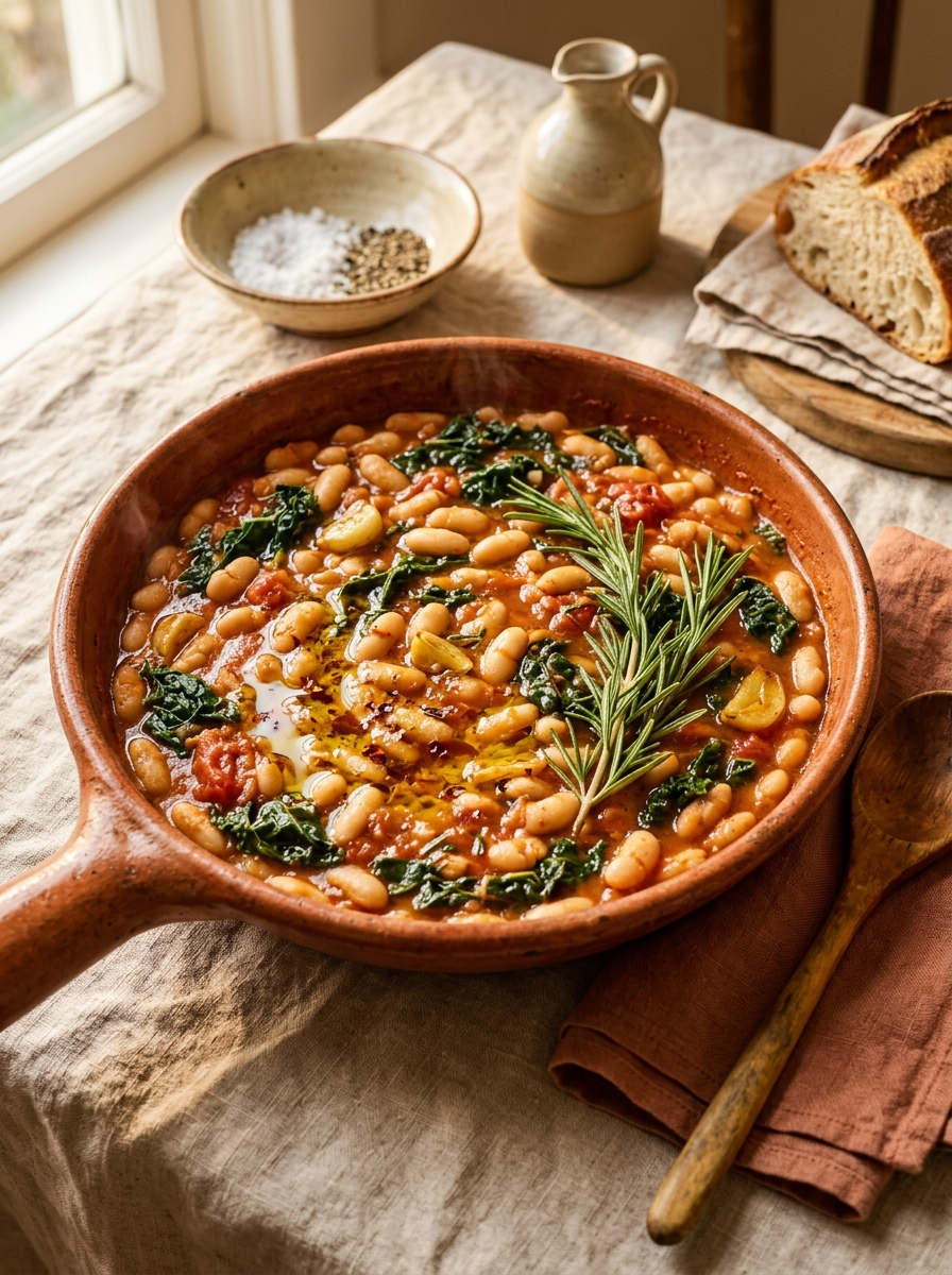Tuscan White Bean and Rosemary Skillet - creamy cannellini beans with wilted kale, tomato, rosemary and garlic in a glossy olive oil sauce in a rustic ceramic bowl