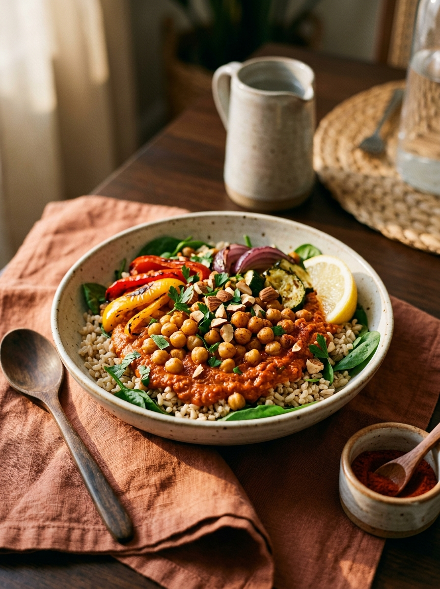 Spanish Romesco Chickpea Bowl - roasted chickpeas and colorful bell peppers, zucchini, and red onion over brown rice and baby greens, topped with rich red-orange romesco sauce, garnished with toasted almonds, fresh parsley, and a lemon wedge