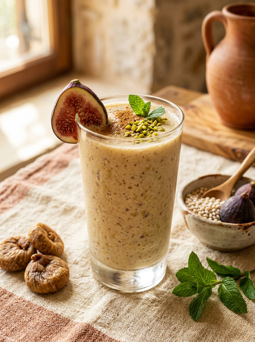 Greek Barley Fig Smoothie in a tall clear glass - thick and creamy beige-gold smoothie garnished with a fresh fig slice, mint leaf, dusting of cinnamon, and chopped pistachios, with dried figs and pearl barley arranged alongside