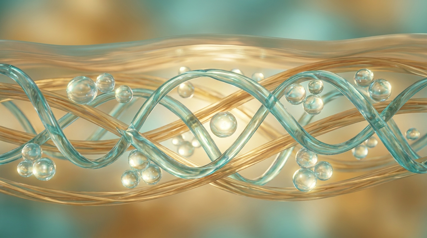 Illustration of hyaluronic acid chains holding water among collagen fibers in the skin's dermis
