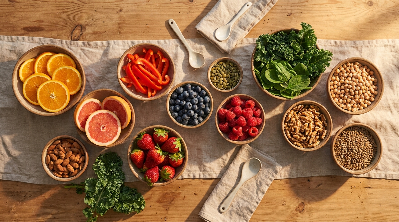 Flat lay of vitamin C rich and zinc rich whole foods