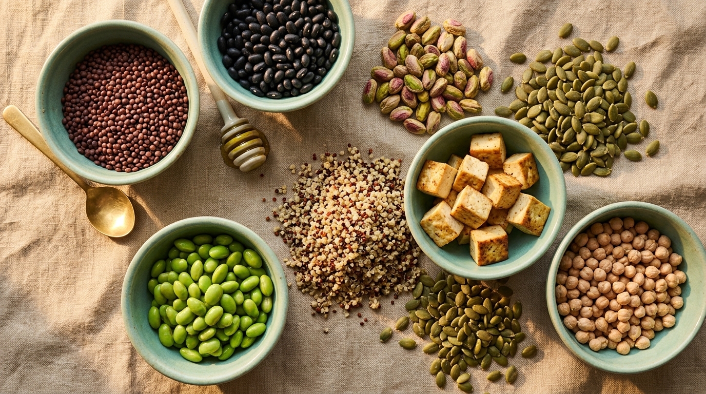 Plant-based foods high in lysine including lentils, chickpeas, tofu, edamame, quinoa and pumpkin seeds