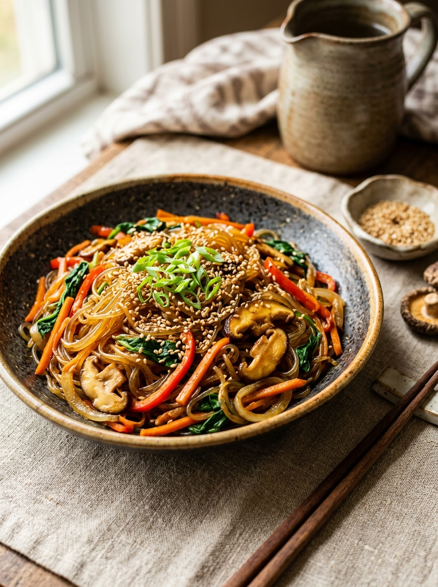 Vegan Japchae Korean Glass Noodle Bowl - glossy translucent sweet potato starch noodles tossed with julienned carrots, red bell pepper, wilted spinach, caramelized onion and golden shiitake mushrooms, garnished with toasted sesame seeds and scallion greens