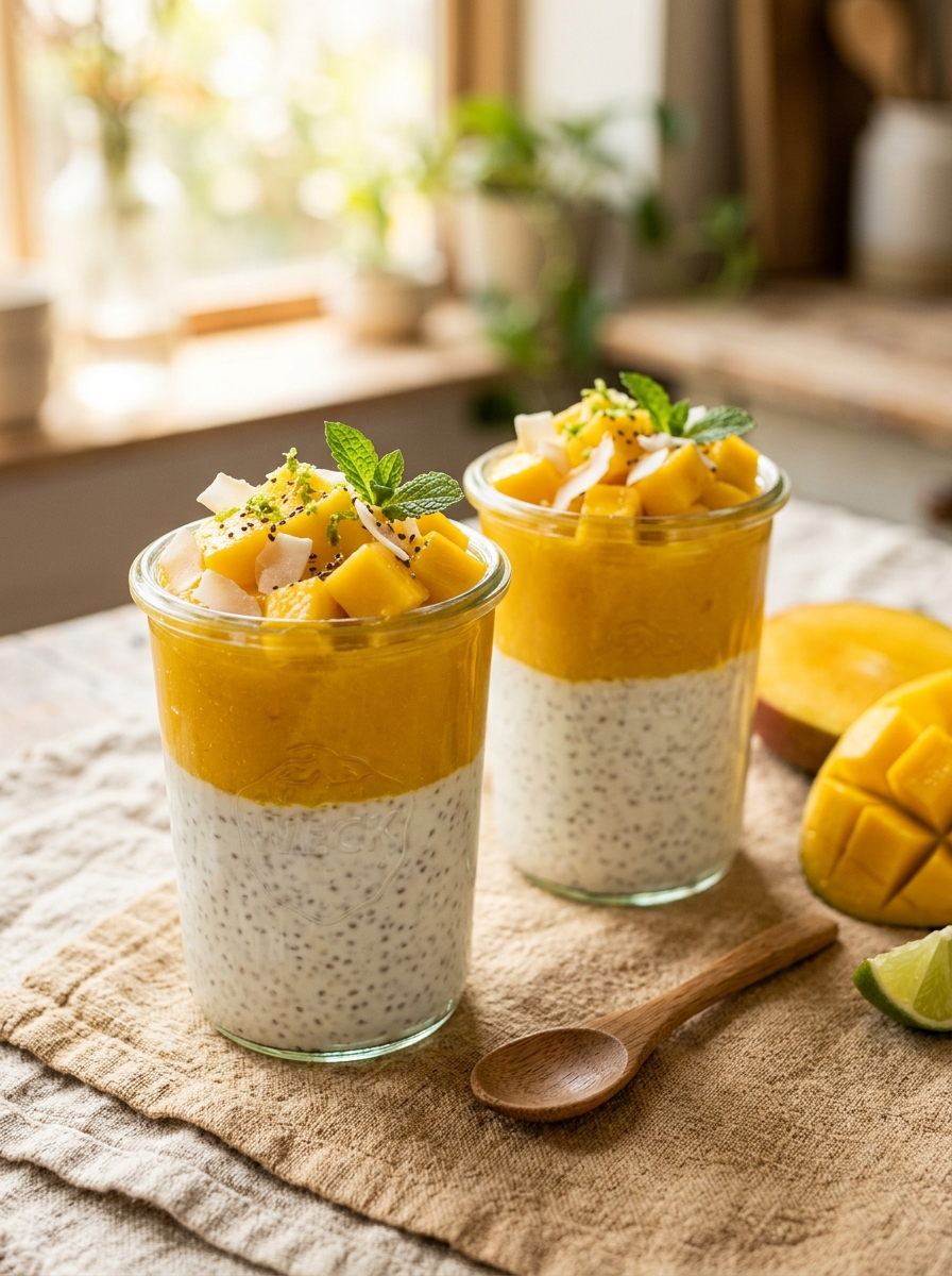 Mango Coconut Chia Pudding in two tall clear glass jars - creamy white coconut chia base layered with vivid golden mango puree, garnished with diced fresh mango, coconut flakes, mint leaf and lime zest