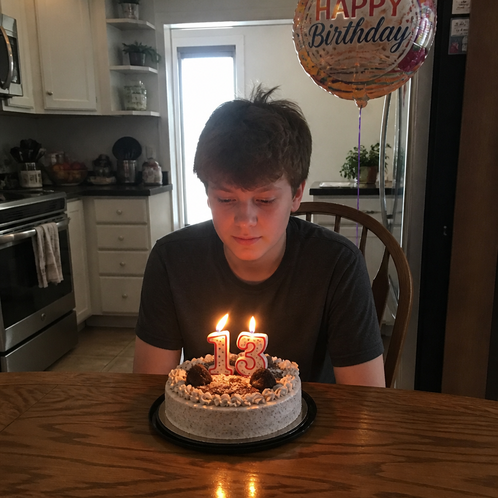 A boy alone at a birthday table