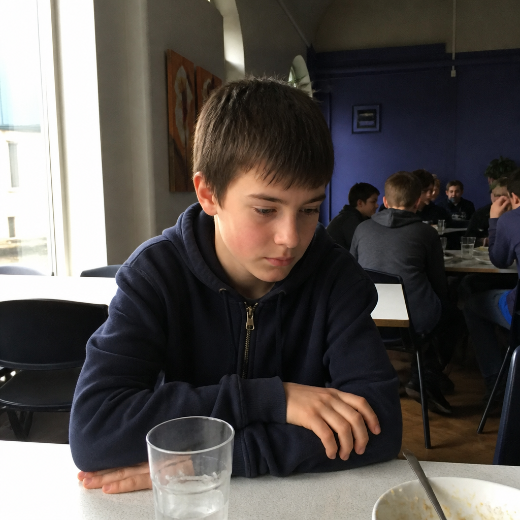A boy sitting alone at lunch