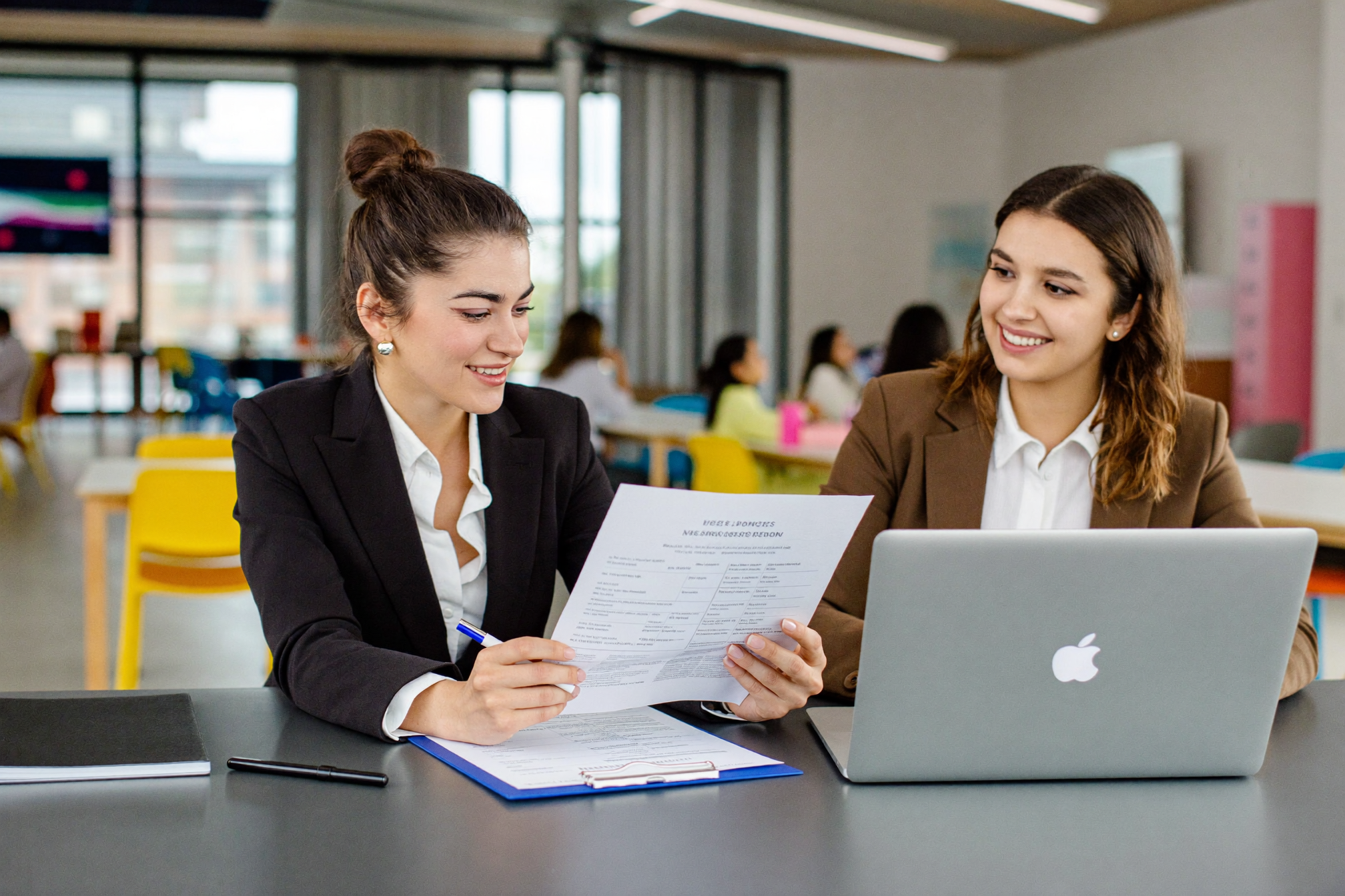 Consultant reviewing licensing documents with a daycare operator