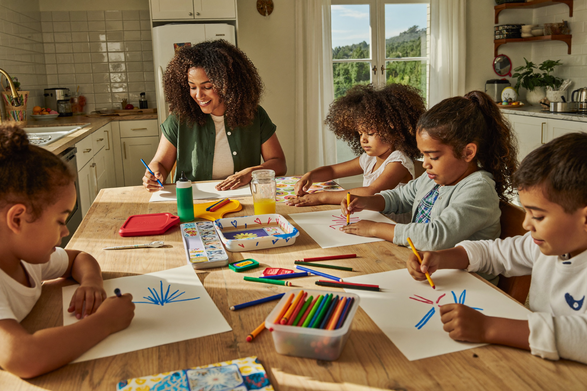 Home daycare provider doing crafts with children at a kitchen table