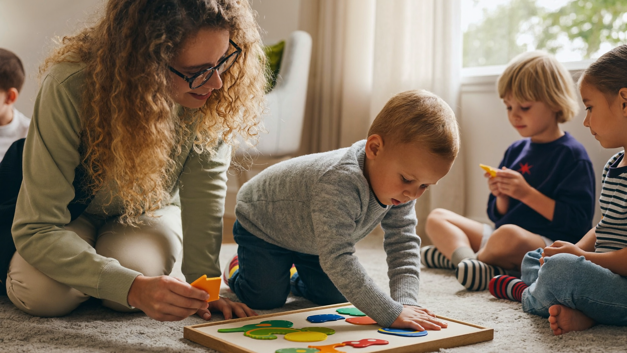 Caregiver helping a toddler with a wooden puzzle