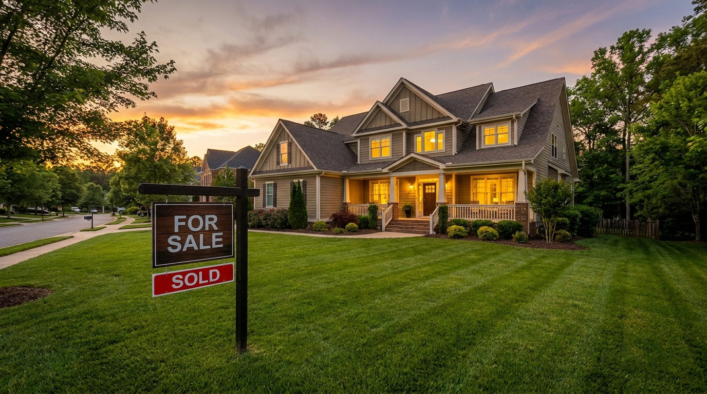 Suburban home for sale in Chesterfield County, Virginia at golden hour