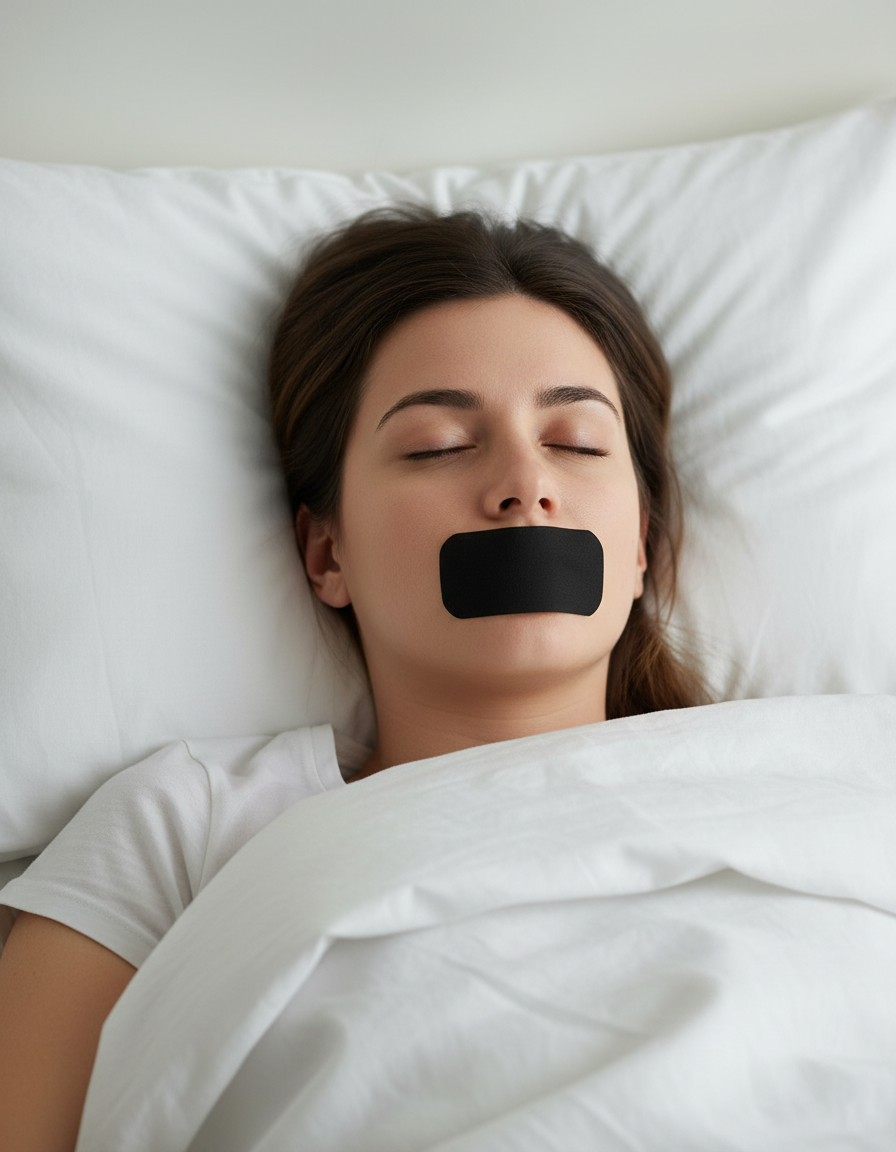 Woman asleep wearing mouth tape