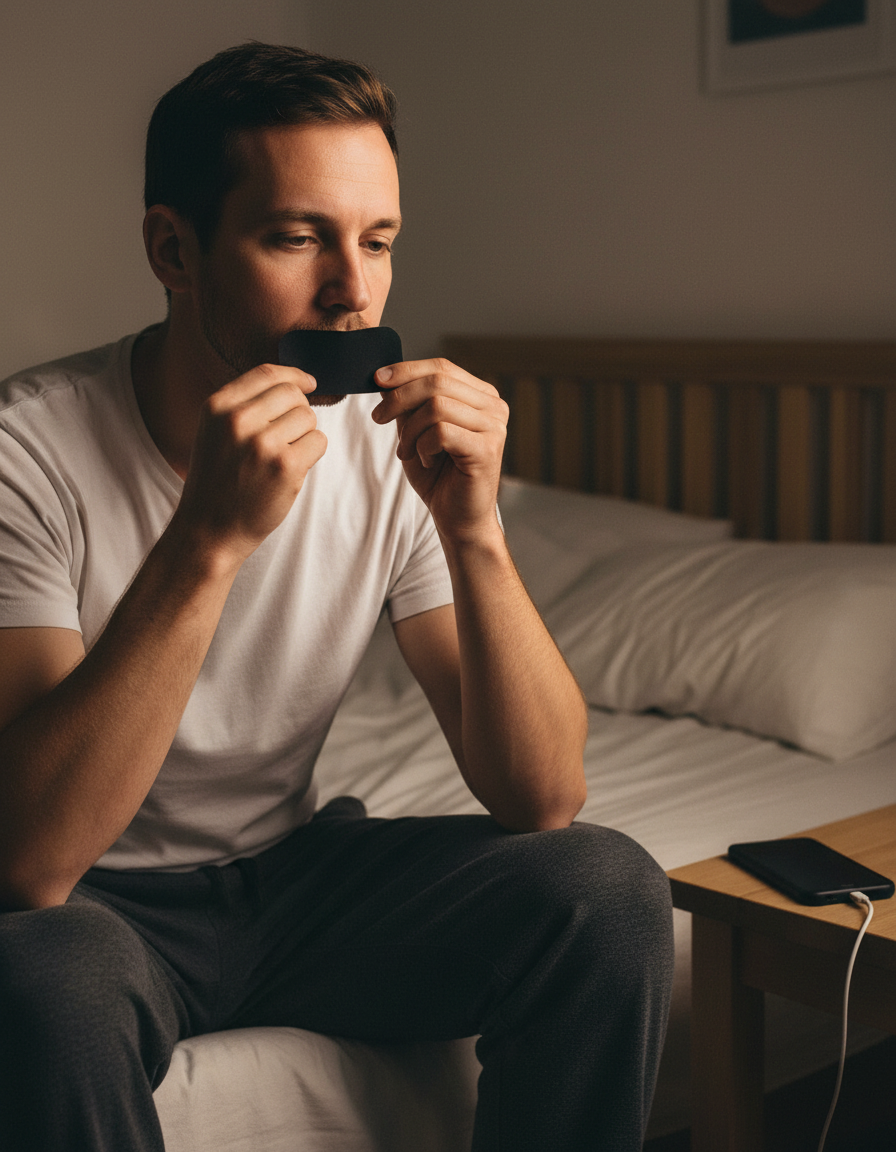 Man applying a mouth tape strip before bed