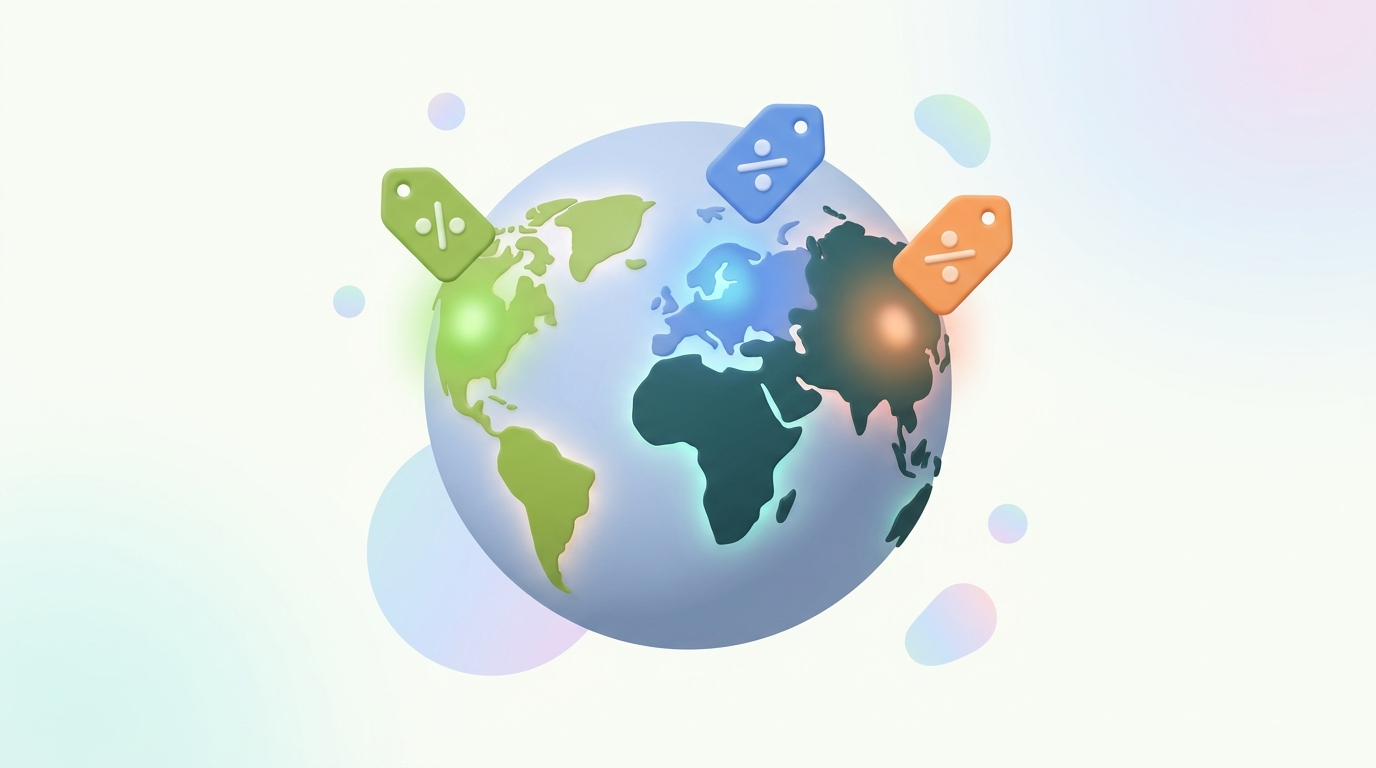 Globe with localized discount tags in different regions, representing market-specific discounts in Shopify