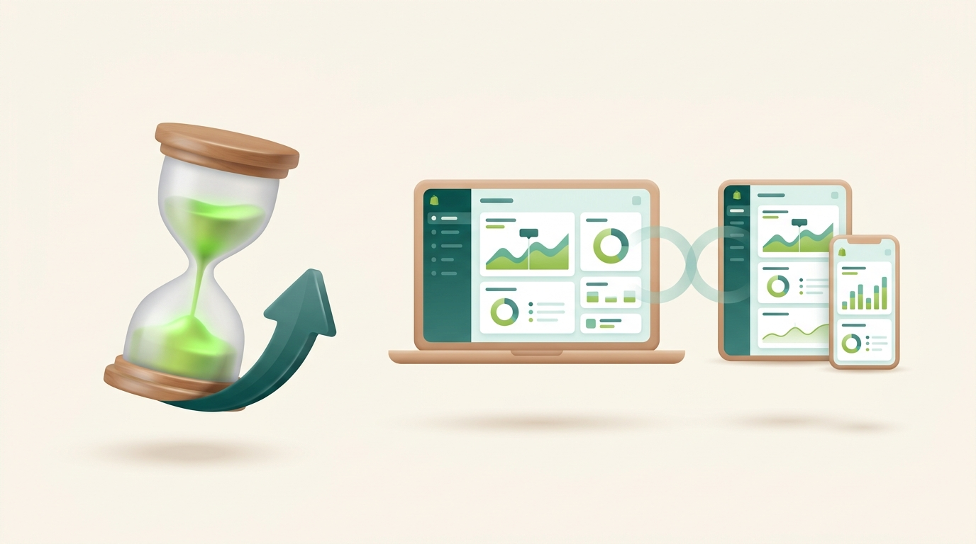 Hourglass and growth arrow beside synced devices, showing time saved with the Shopify AI assistant