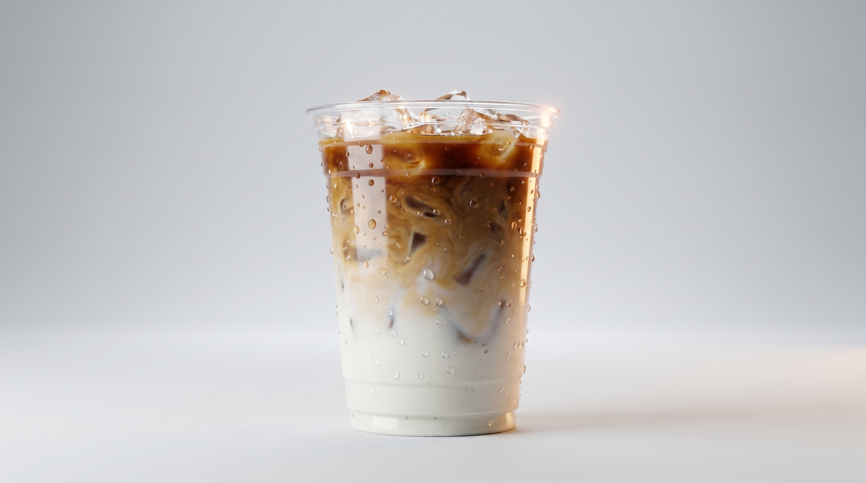 A freshly poured iced latte with layered espresso and milk over ice