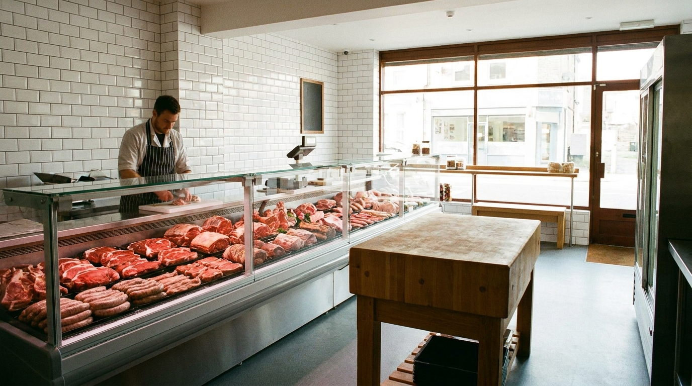 Interior of a modern UK butcher shop with a refrigerated meat display counter