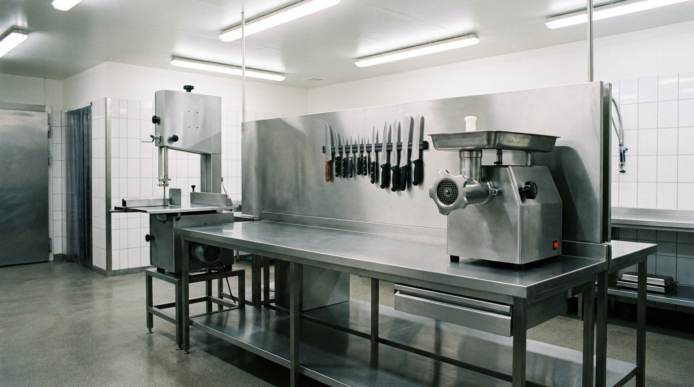 Stainless steel butchery prep area with a meat bandsaw and table-top mincer