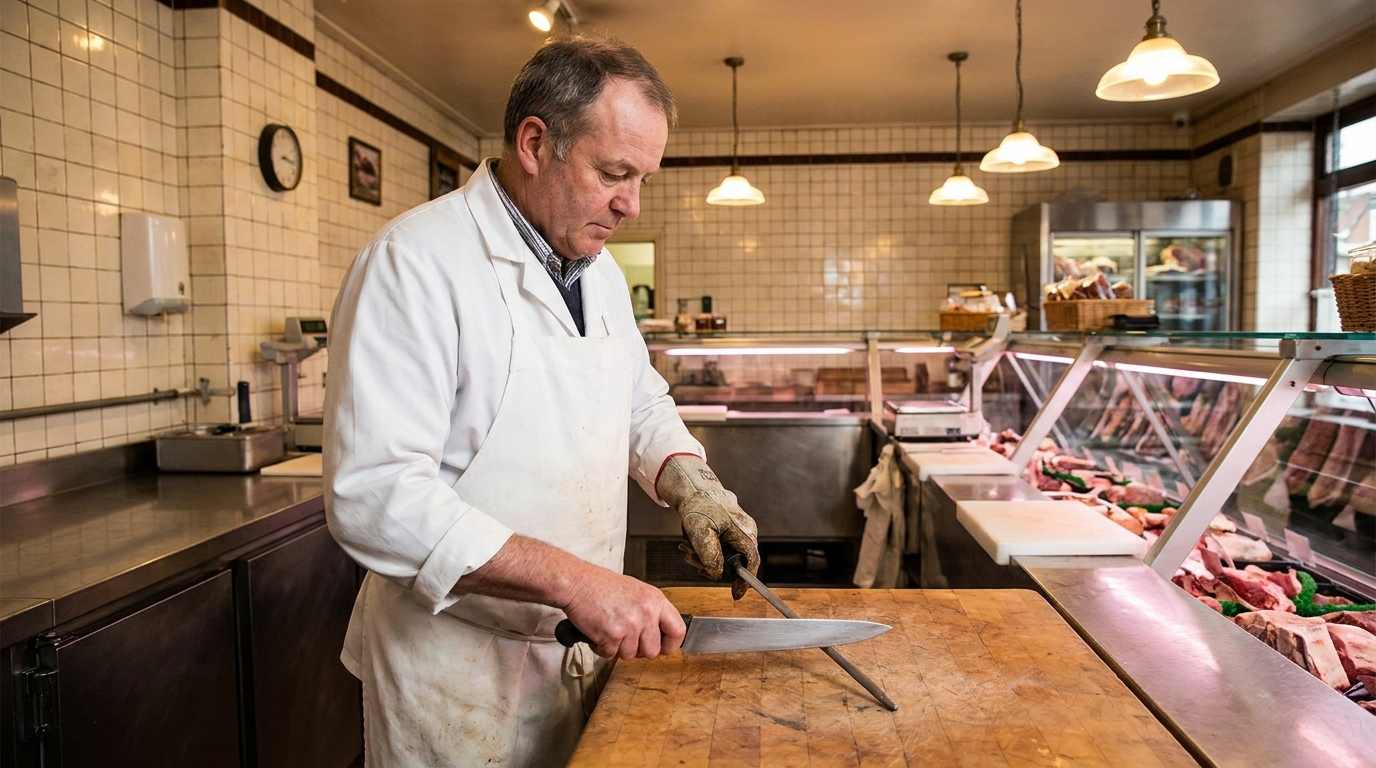 Butcher in white coat and apron sharpening a knife with a honing steel
