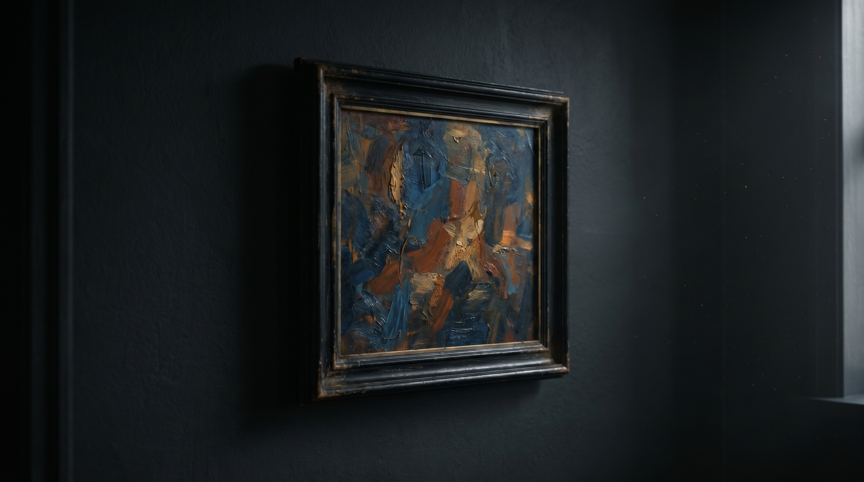 Dark cinematic office with illuminated artwork — Canvas12