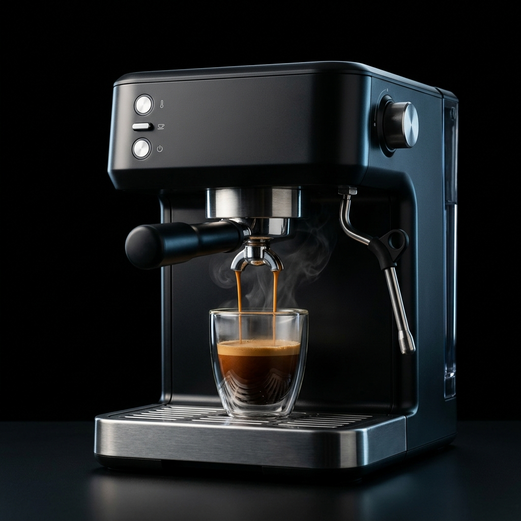 Espressor care toarnă cafea într-un pahar transparent
