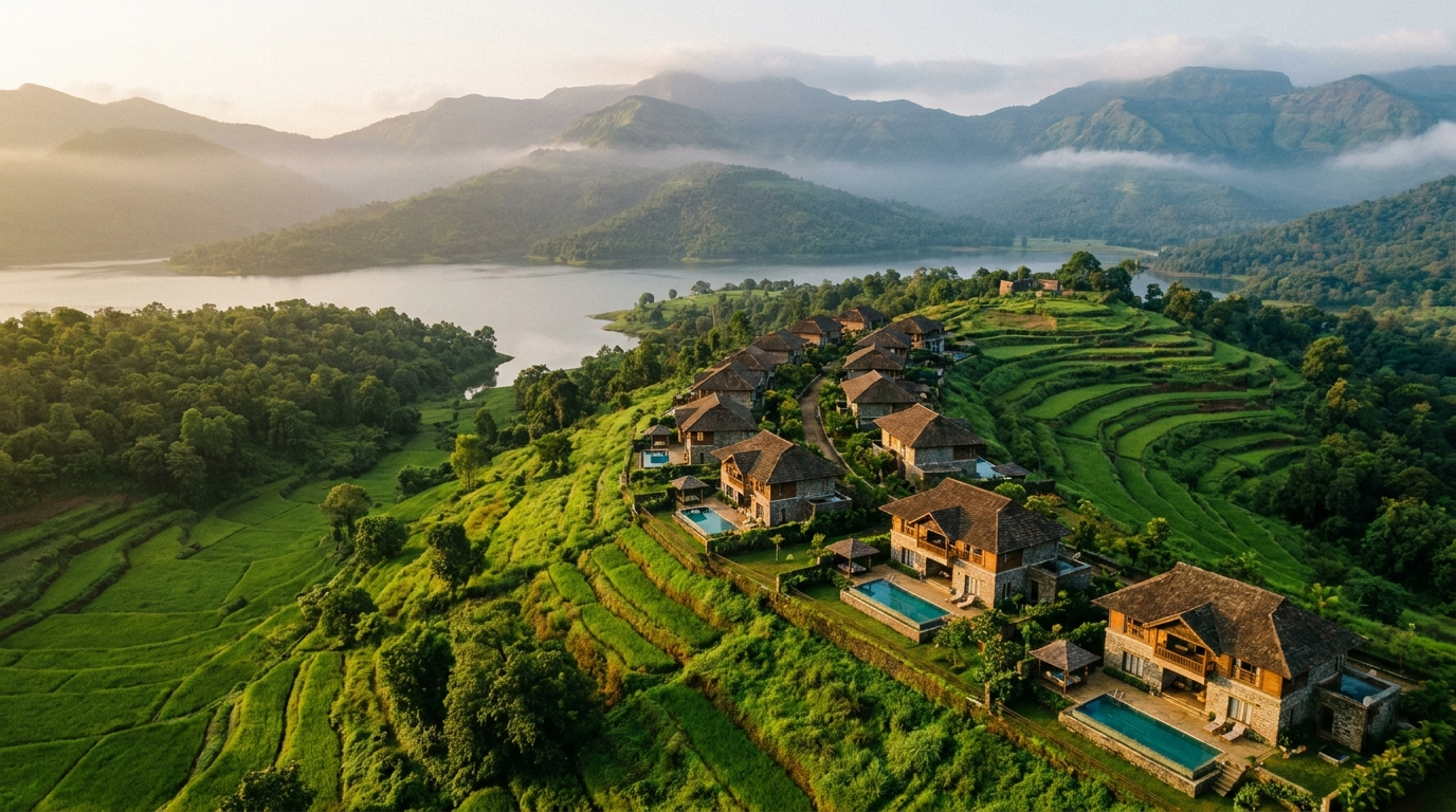 A luxury villa above a green Western Ghats valley and lake