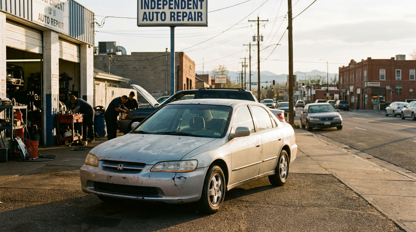 An ordinary, well-worn sedan parked outside an independent Denver auto shop at golden hour