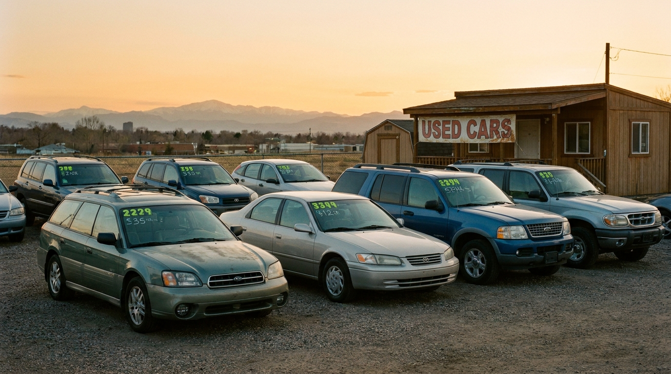 A small independent used car lot in Denver with everyday sedans and SUVs parked in clean rows