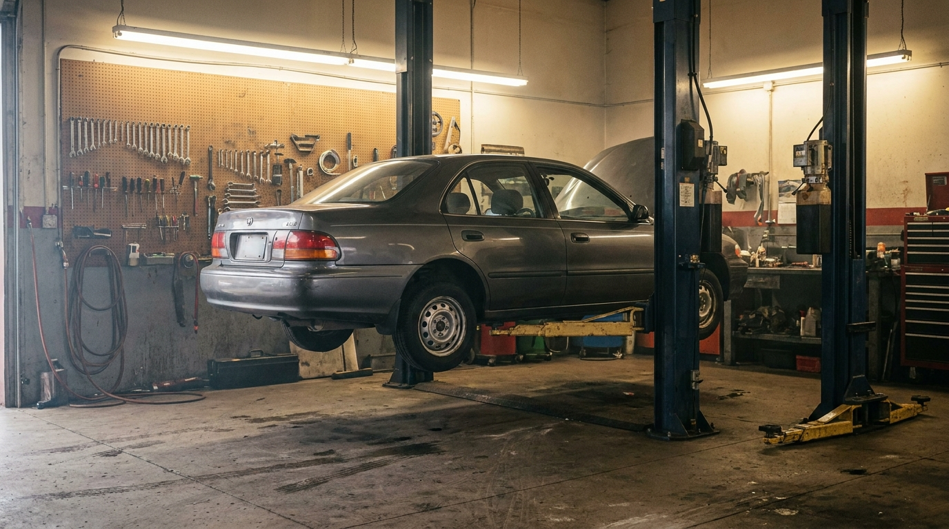Clean independent auto repair bay with a sedan on a lift and tools organized on a pegboard wall