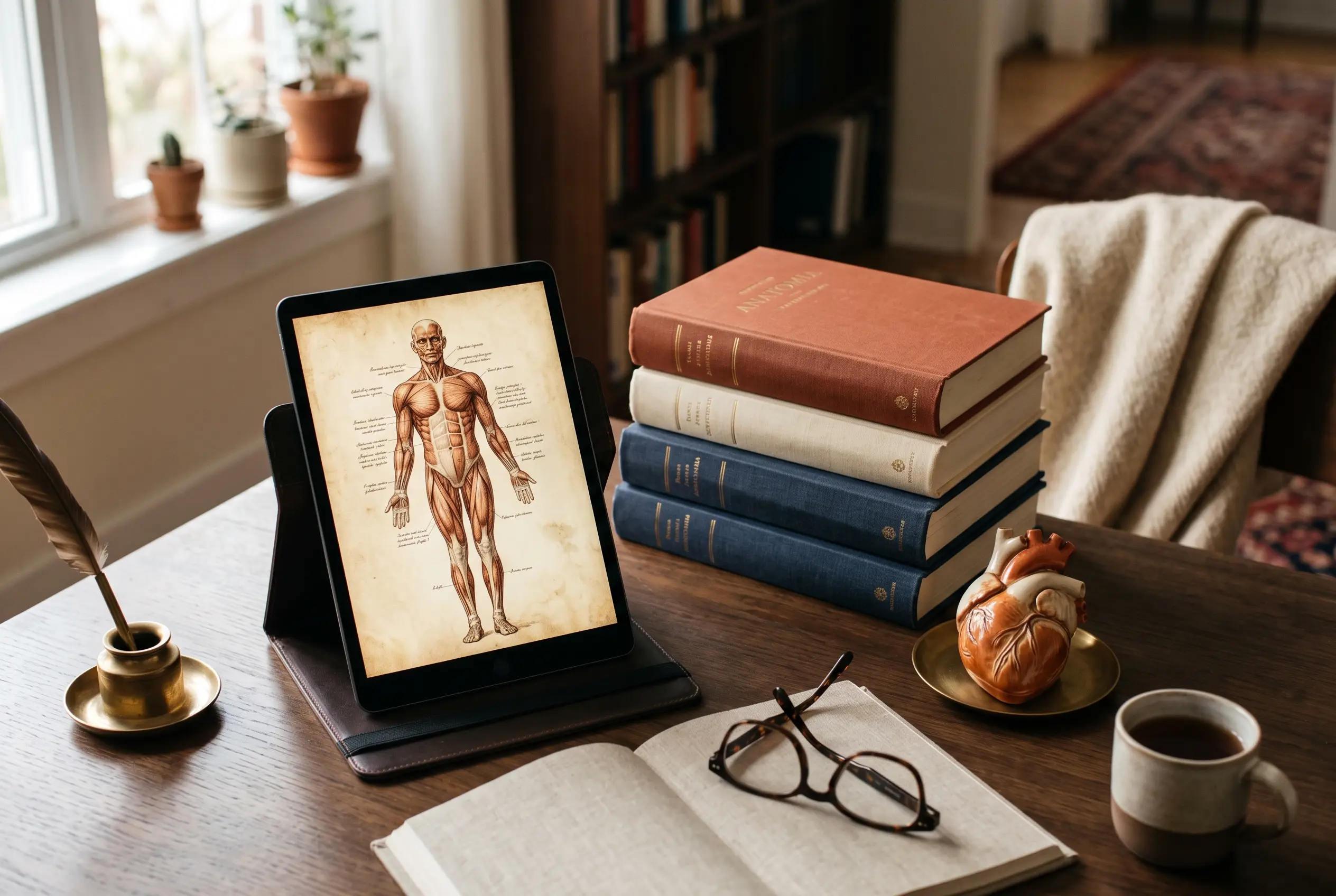 Lecture d'un ebook d'anatomie sur tablette