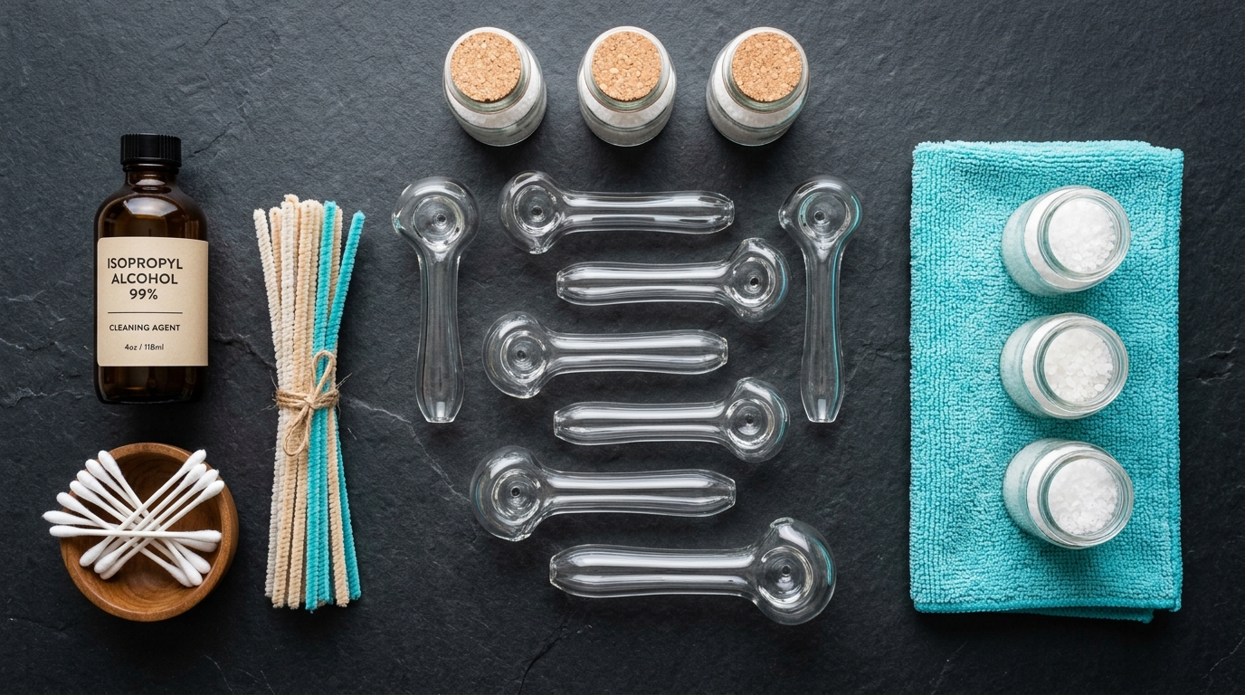 Overhead flat lay of clean glass pipes with cleaning supplies including isopropyl alcohol, coarse salt, cotton swabs, and pipe cleaners