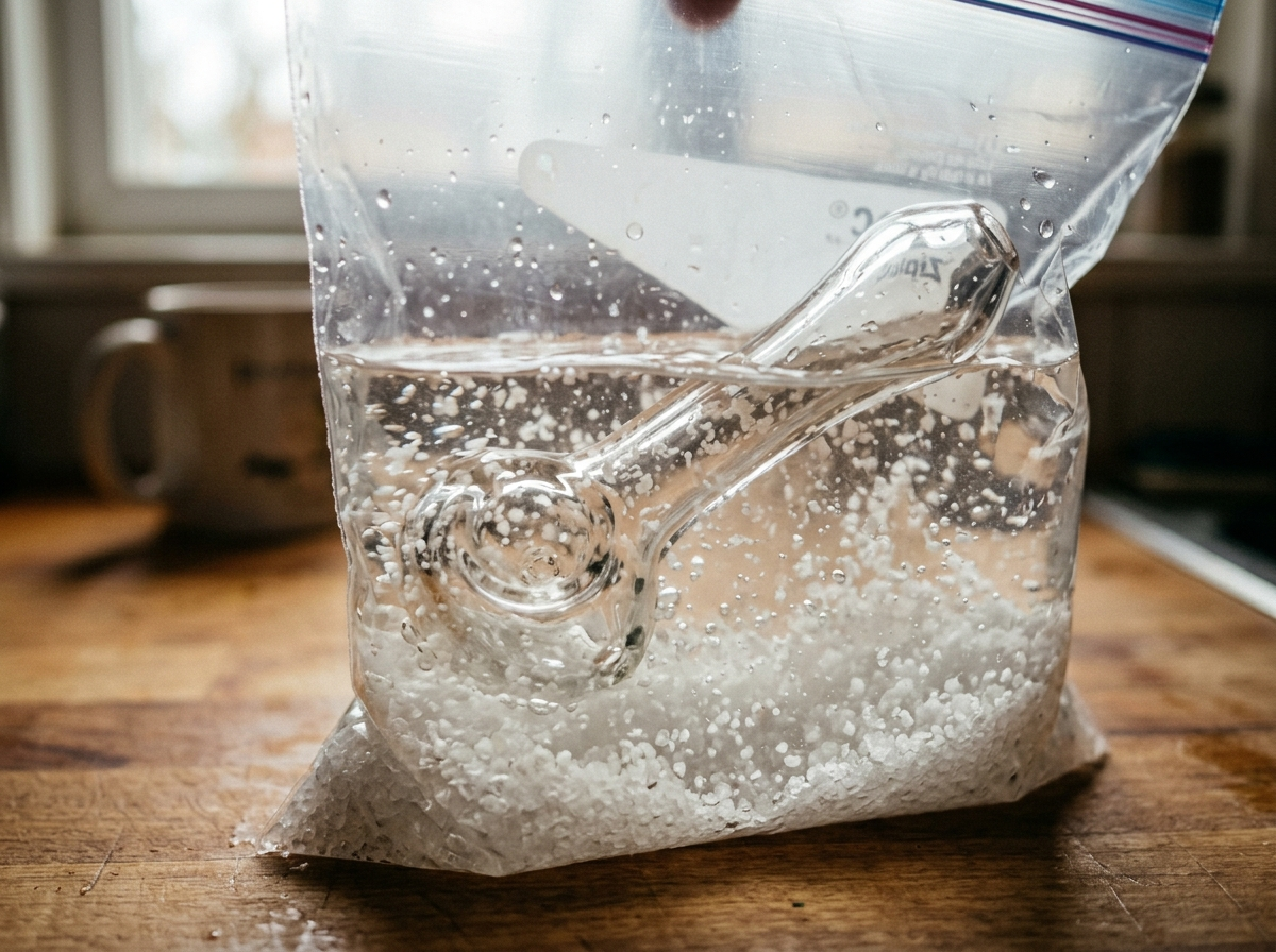 Close-up of a glass pipe soaking in a clear salt and isopropyl alcohol solution inside a zip-top bag