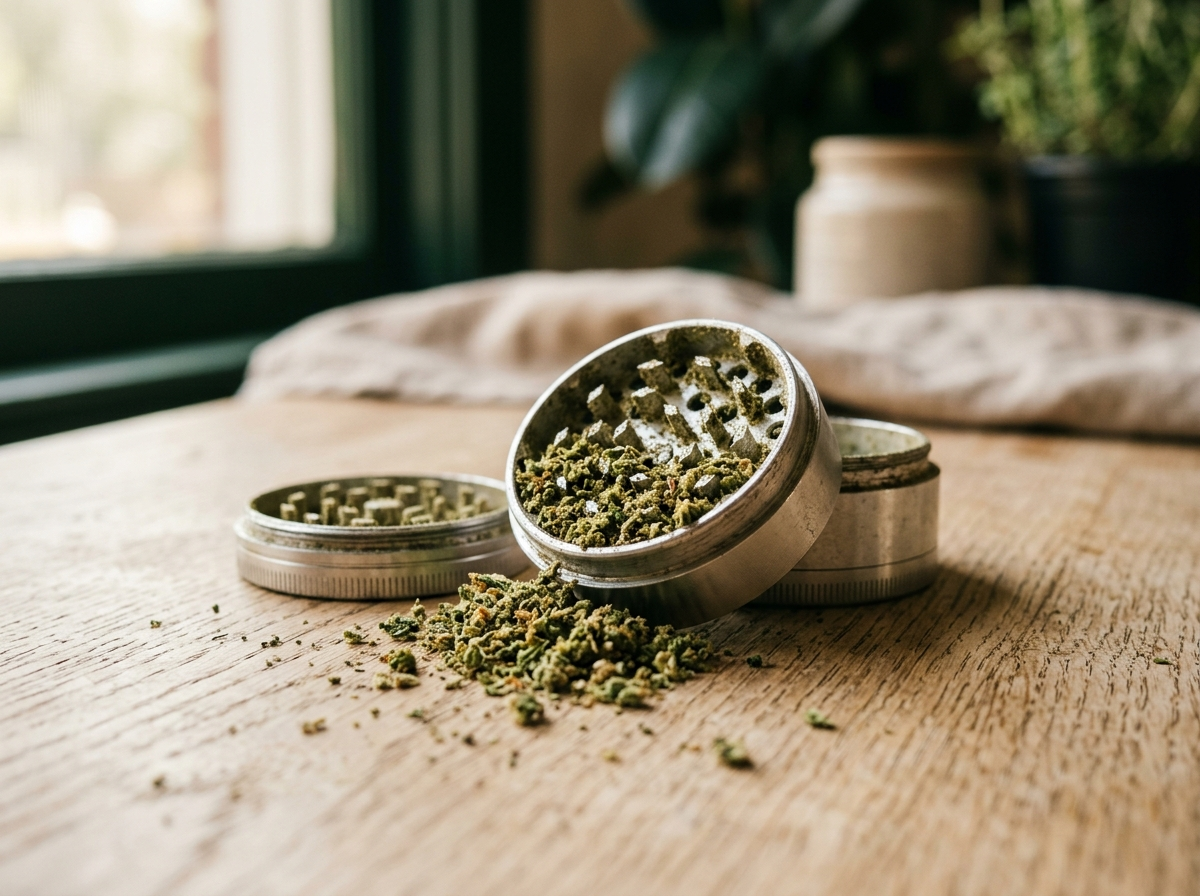 Open metallic grinder with ground dry herb on a wooden surface