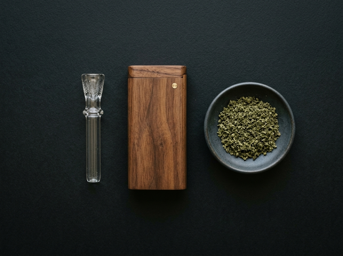 Glass one hitter and wooden dugout arranged next to ground dry herb