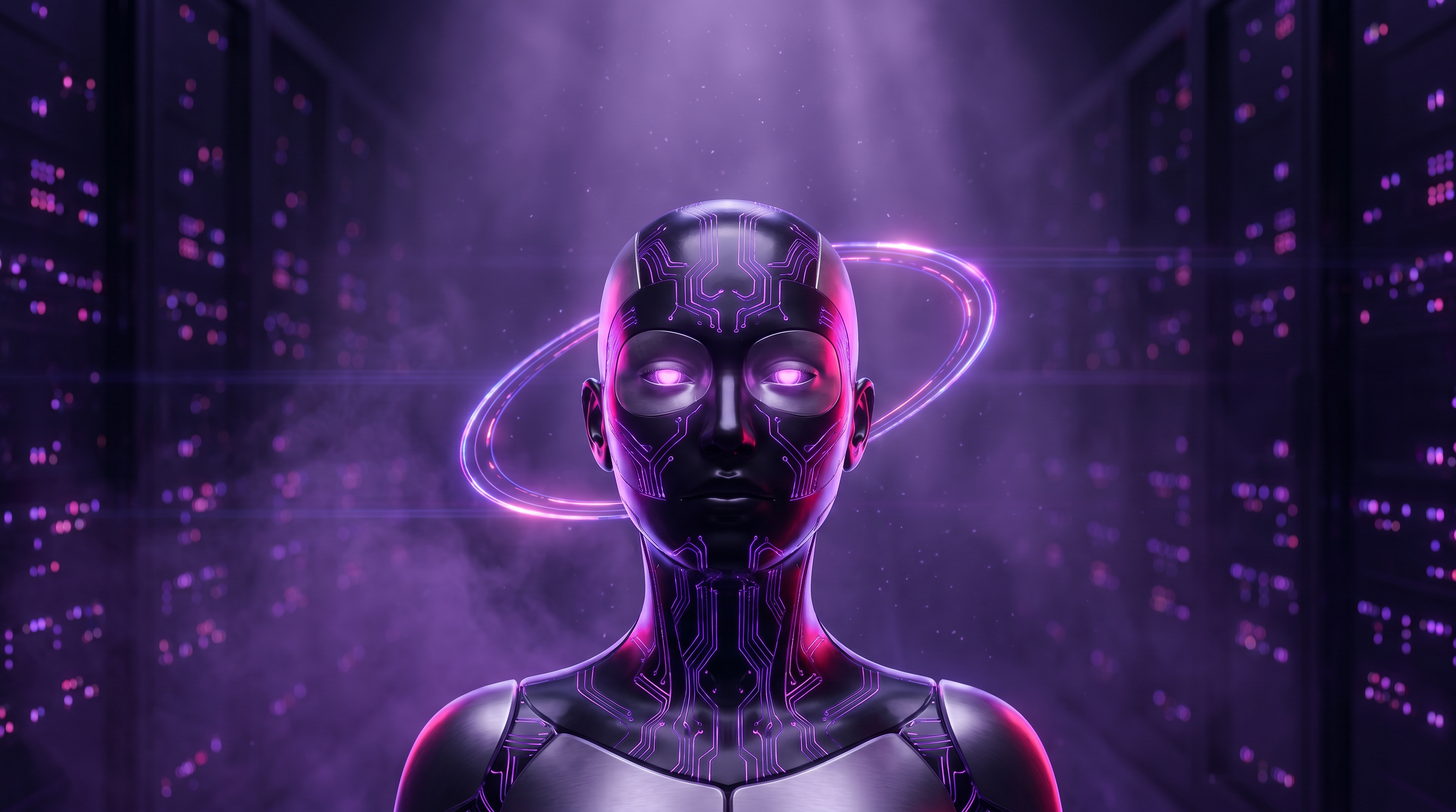 L'employé IA DARRI — un androïde de verre obsidienne aux circuits lumineux violets, serein, émergeant de la pénombre