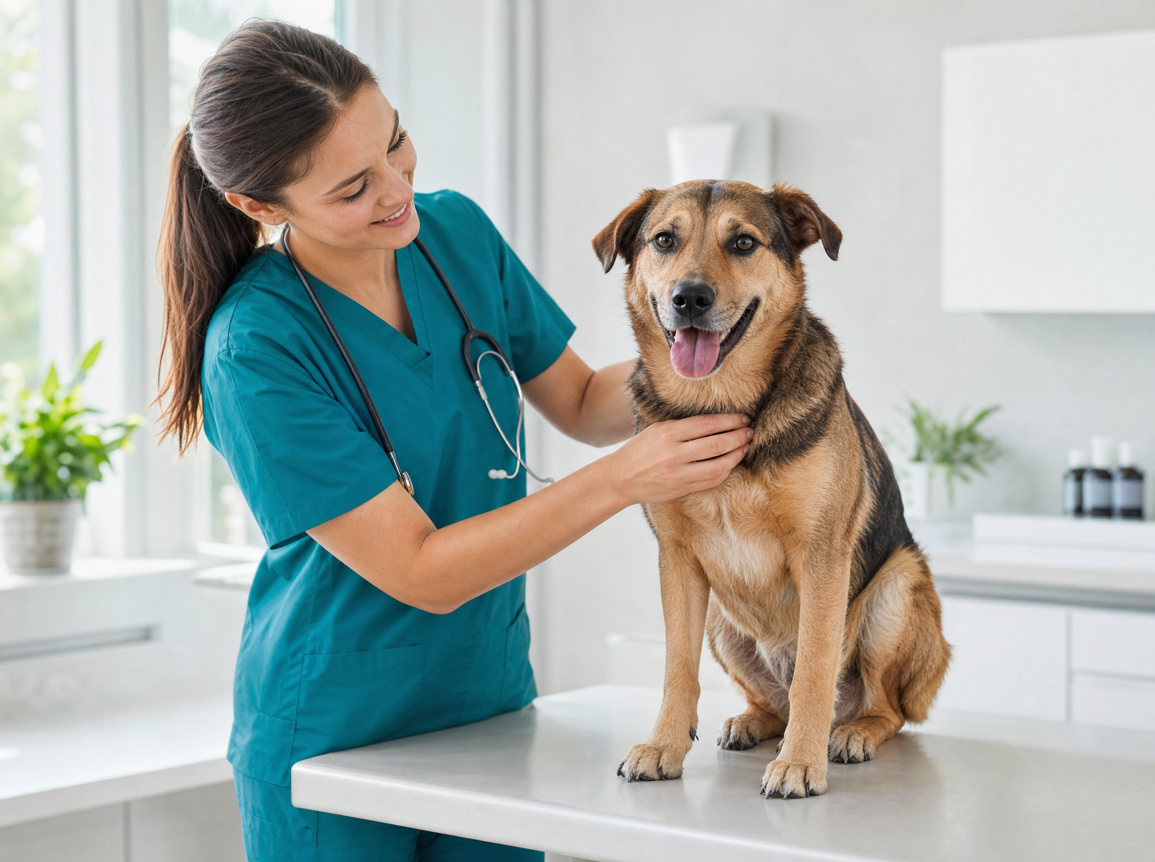 Tierärztin untersucht einen Hund in einer Tierarztpraxis