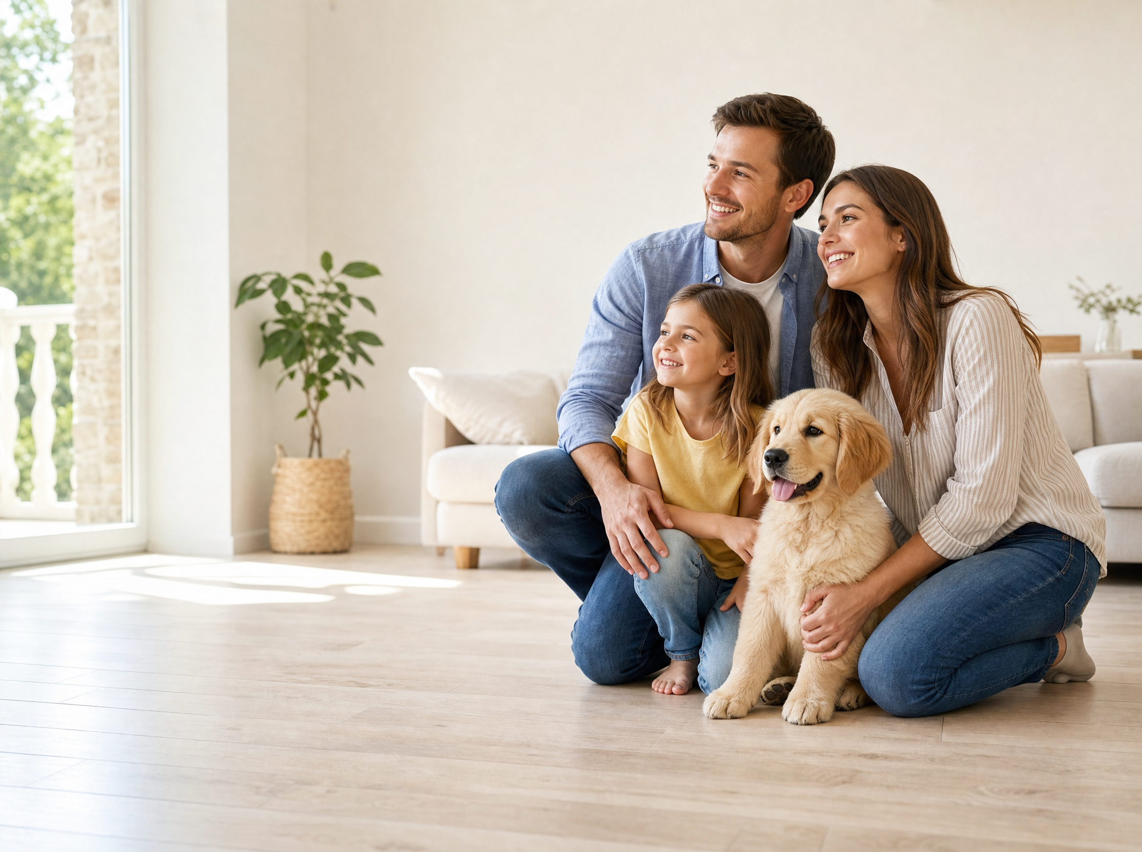 Familie schaut mit ihrem Welpen zur Seite