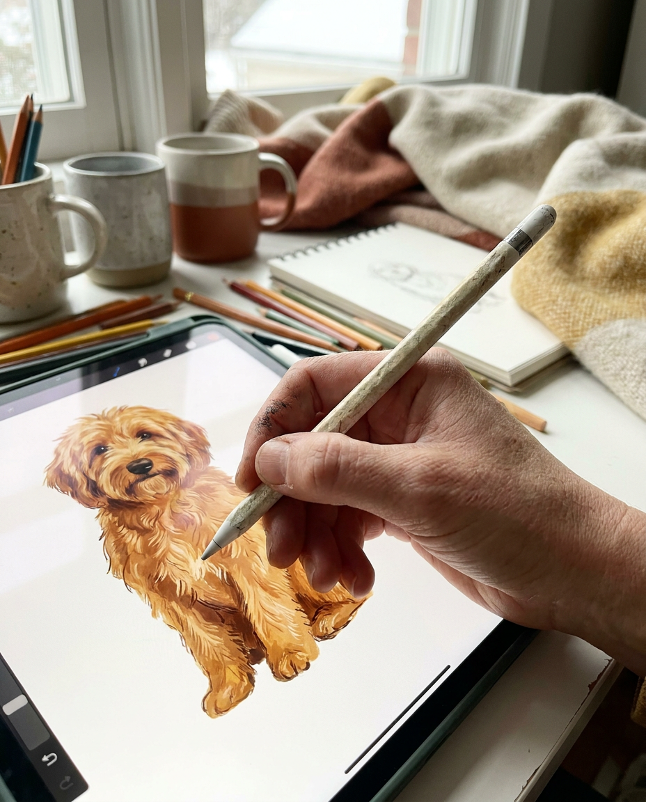 A FondTail artist hand-drawing a pet portrait