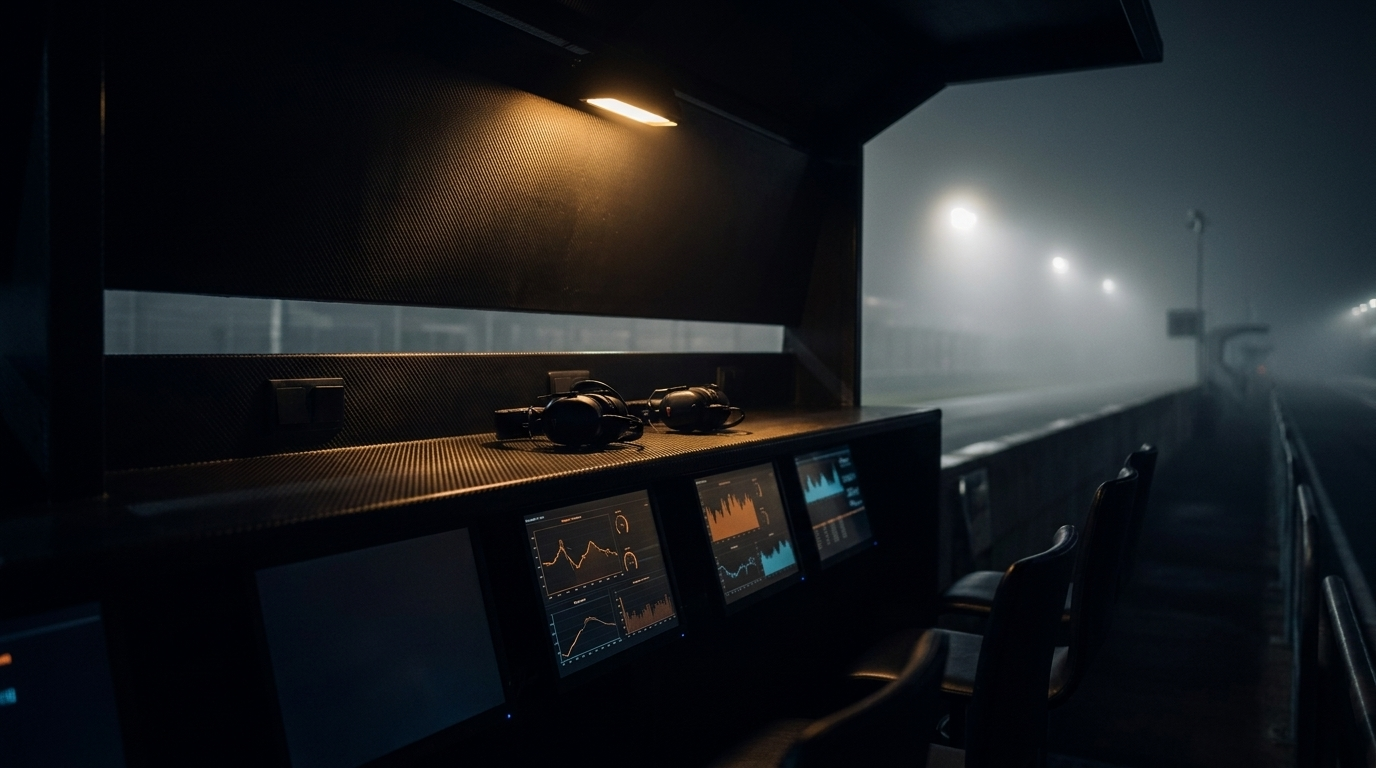 Two headsets on the pit wall console under one warm light — the conversation the build starts with