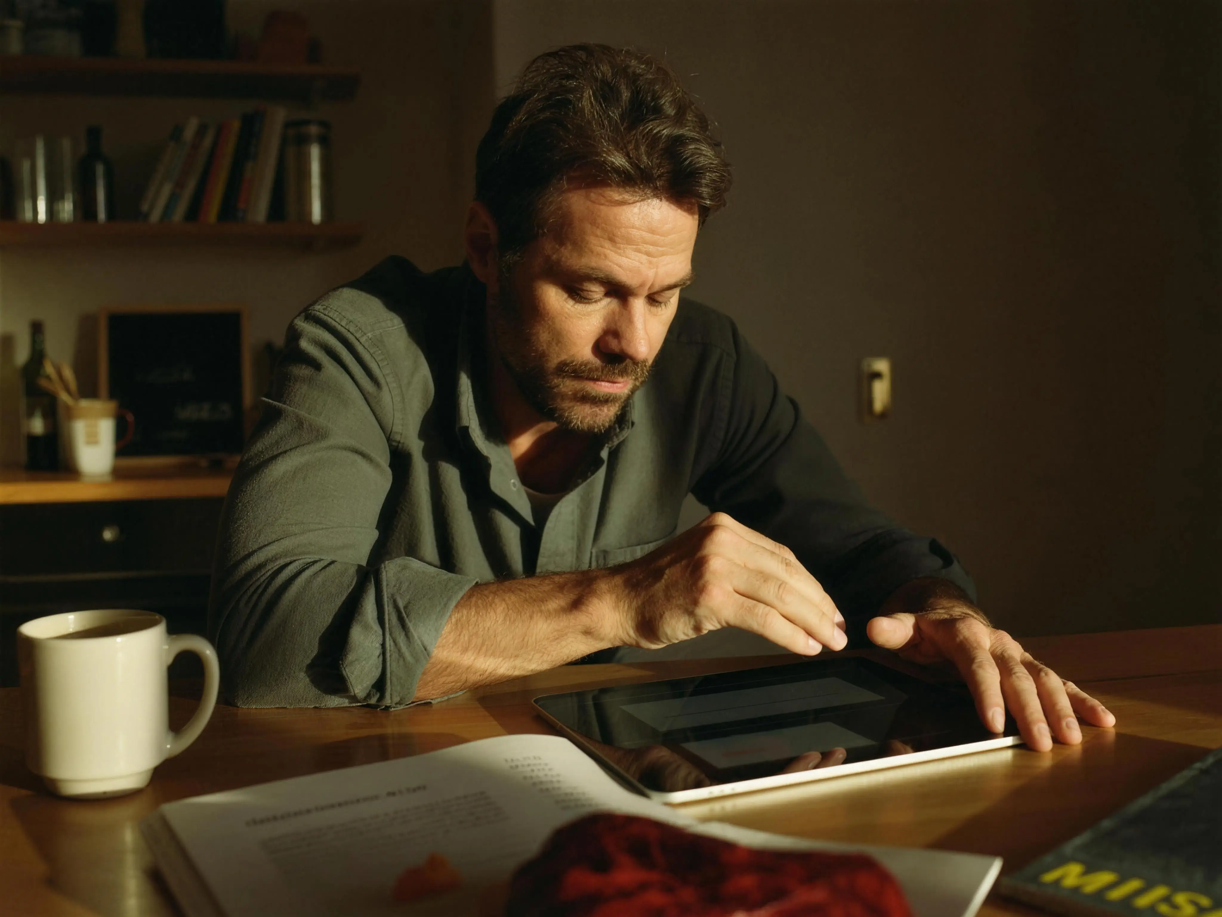A man reviewing his week over coffee at the kitchen counter