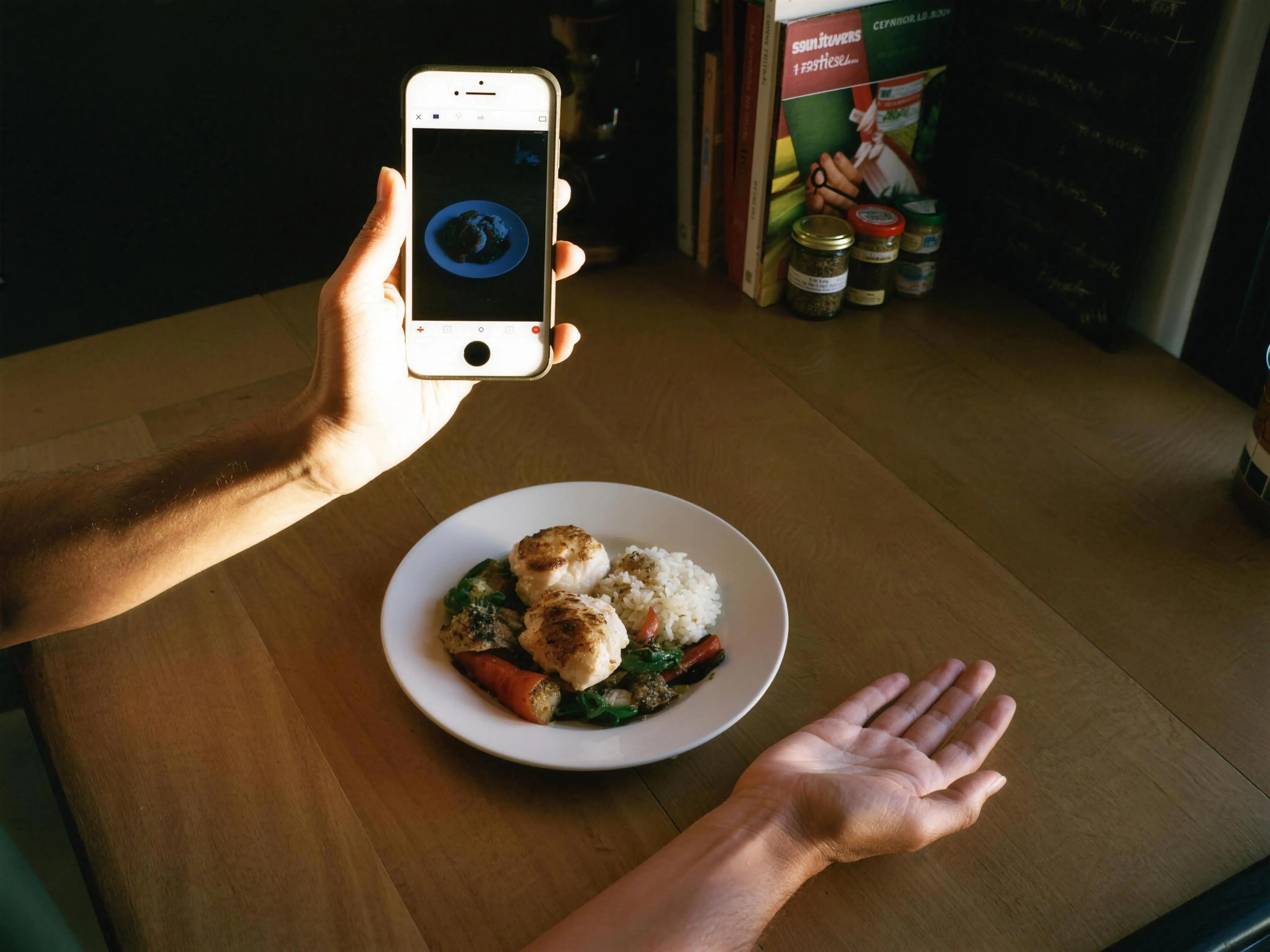 One hand photographing a plate with a phone, the other open beside it in the cupped-palm portion gesture