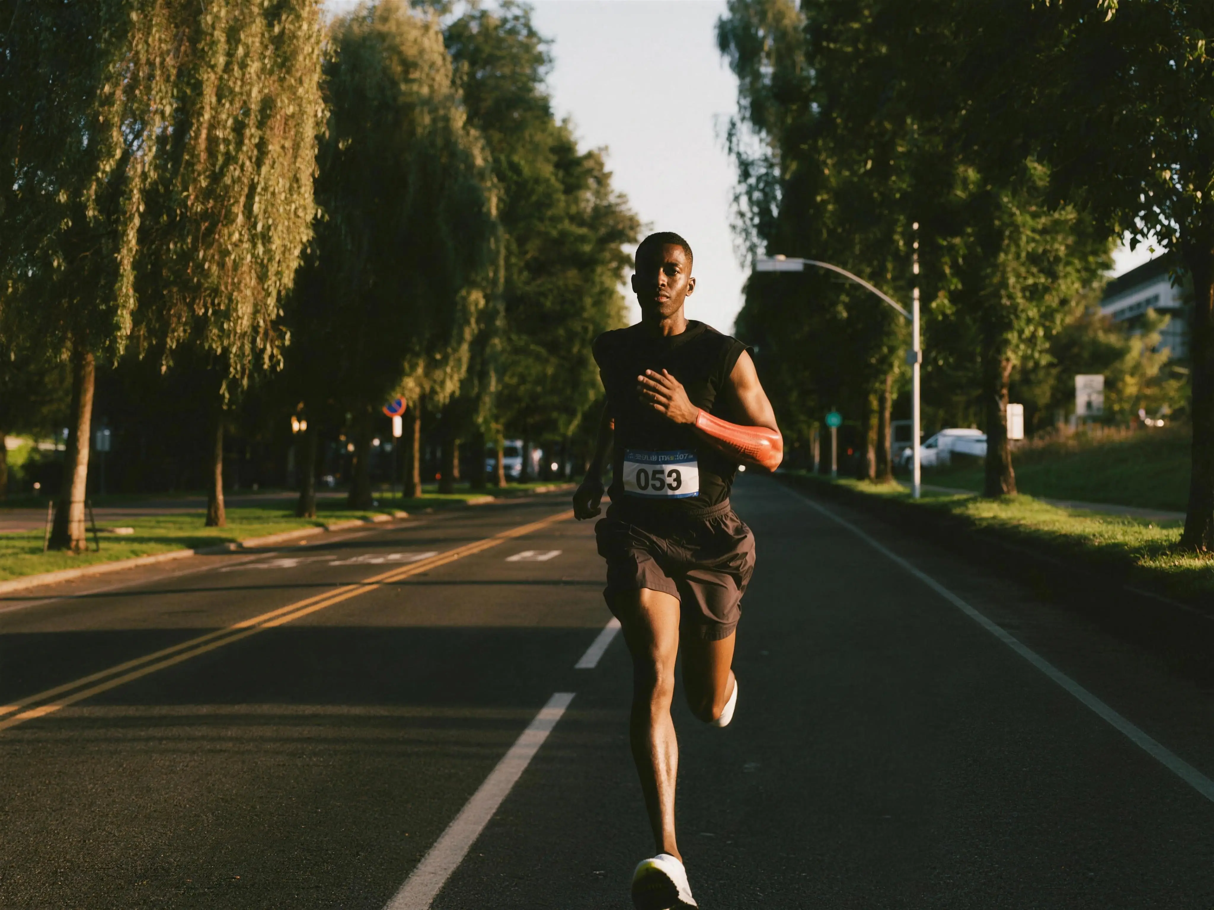 The same man running at an easy pace along a tree-lined road at golden hour