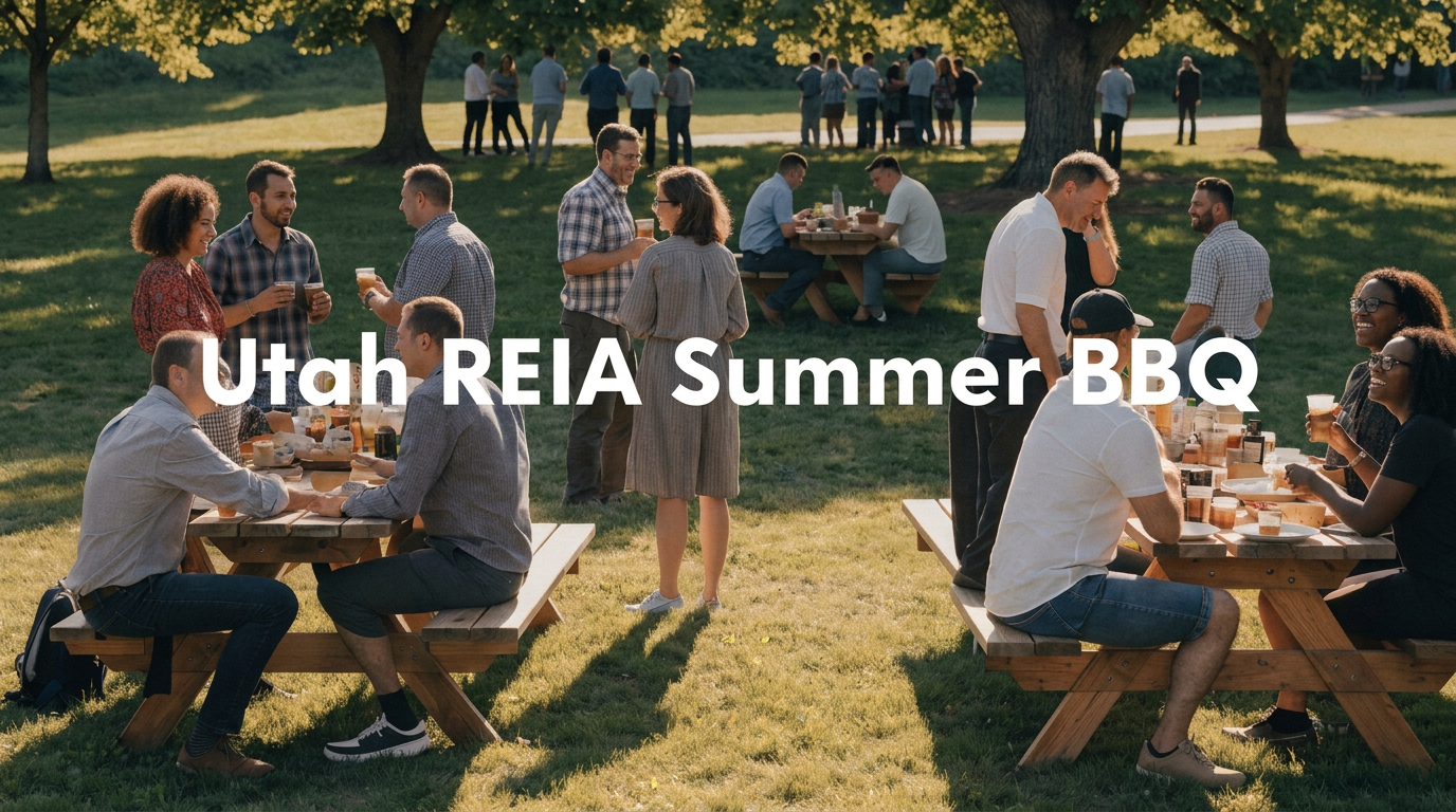 Investors networking at Utah REIA Summer BBQ at Sugar House Park, an outdoor real estate mixer with food, games, and community connection.