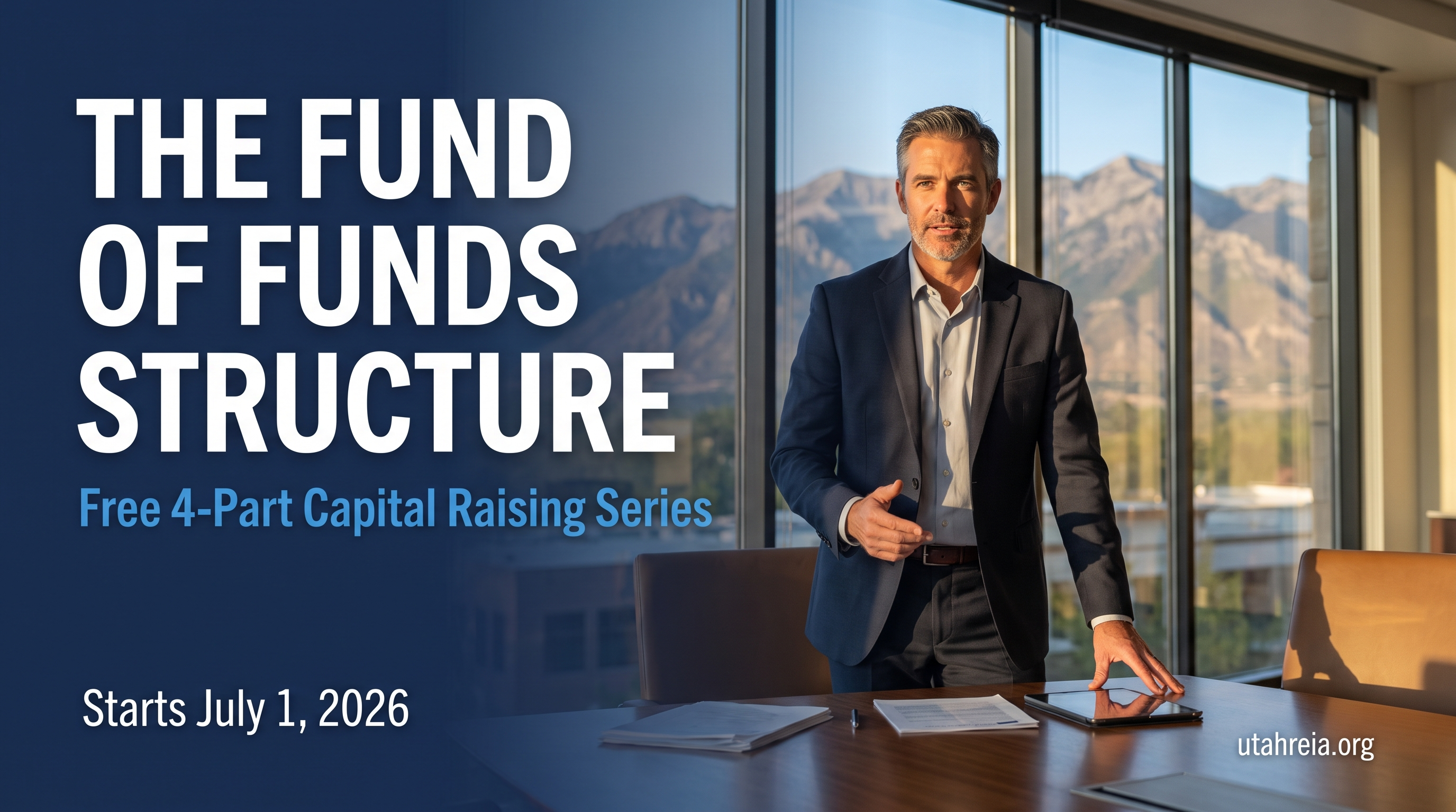 Chris Schwagerl and Senate Eskridge presenting the Fund of Funds capital raising webinar series for real estate investors through Utah REIA, starting July 1, 2026.
