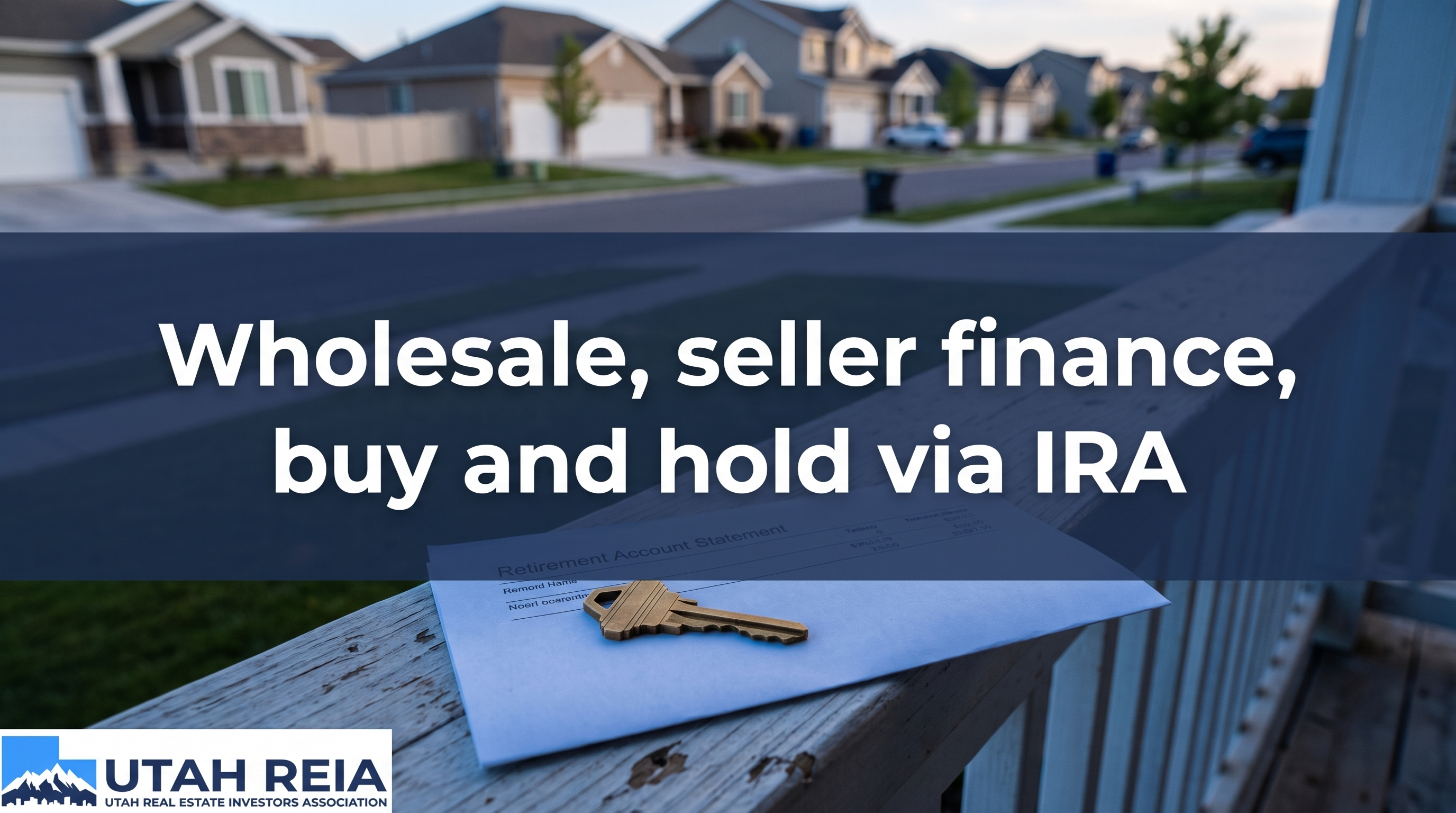 Self-directed IRA event graphic for Utah REIA's virtual Mid-Day meeting with CamaPlan, showing wholesale, seller finance, and buy and hold real estate deals