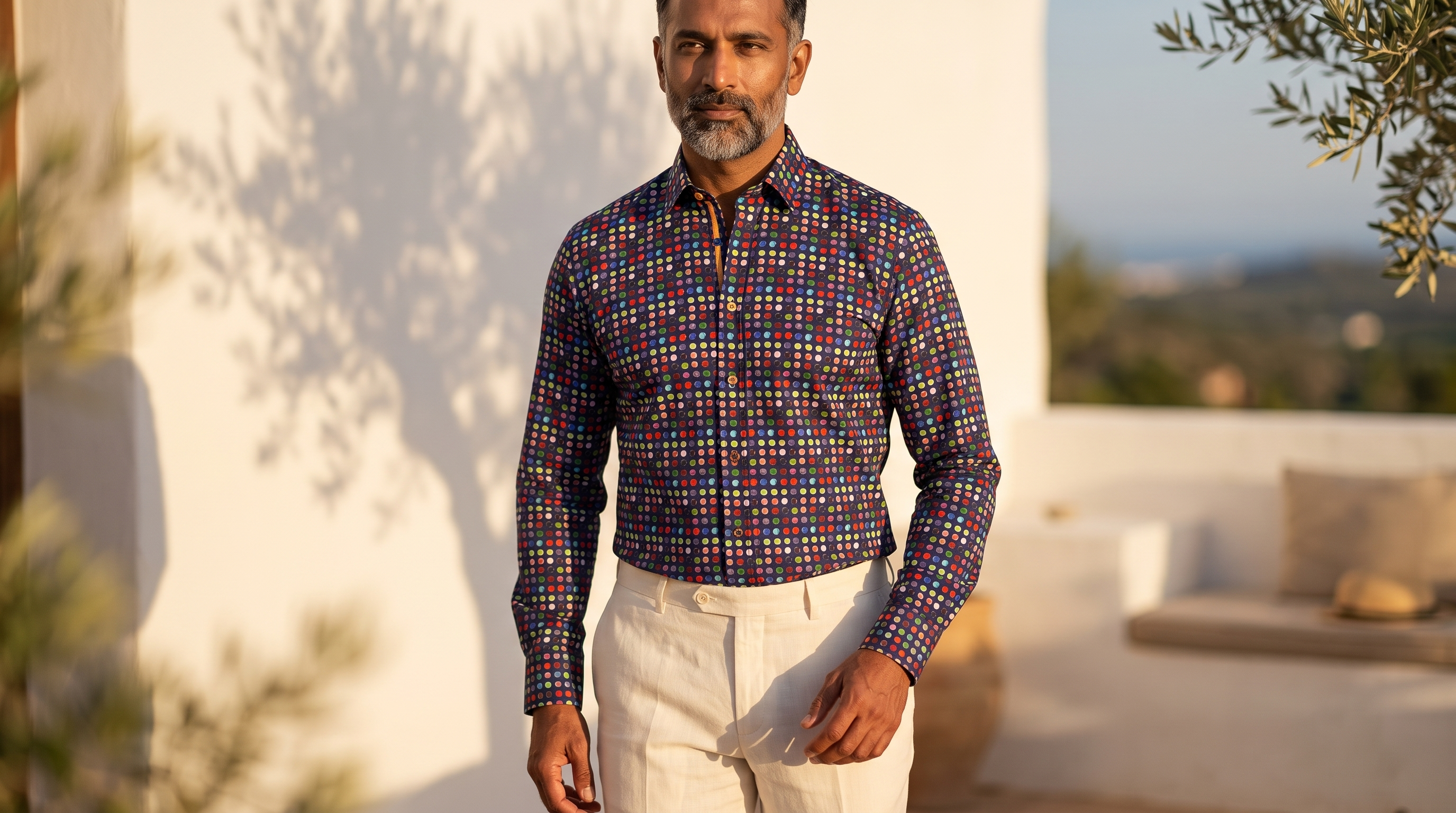 Man wearing the Claudio Lugli Pinstripe Polka Dot print shirt on a Mediterranean terrace at golden hour
