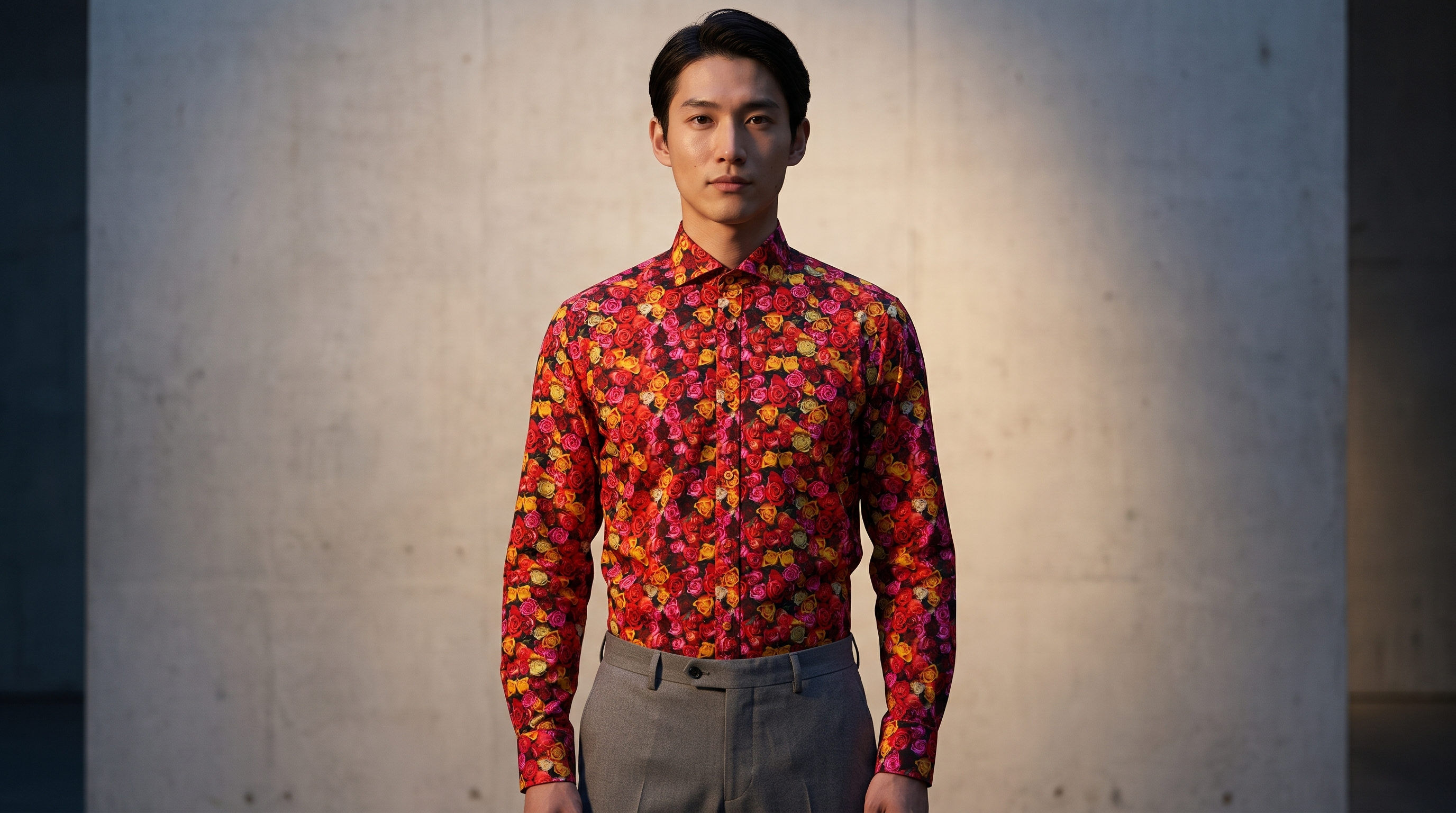 Man wearing the Claudio Lugli Midnight Rose floral print shirt in a gallery at dusk