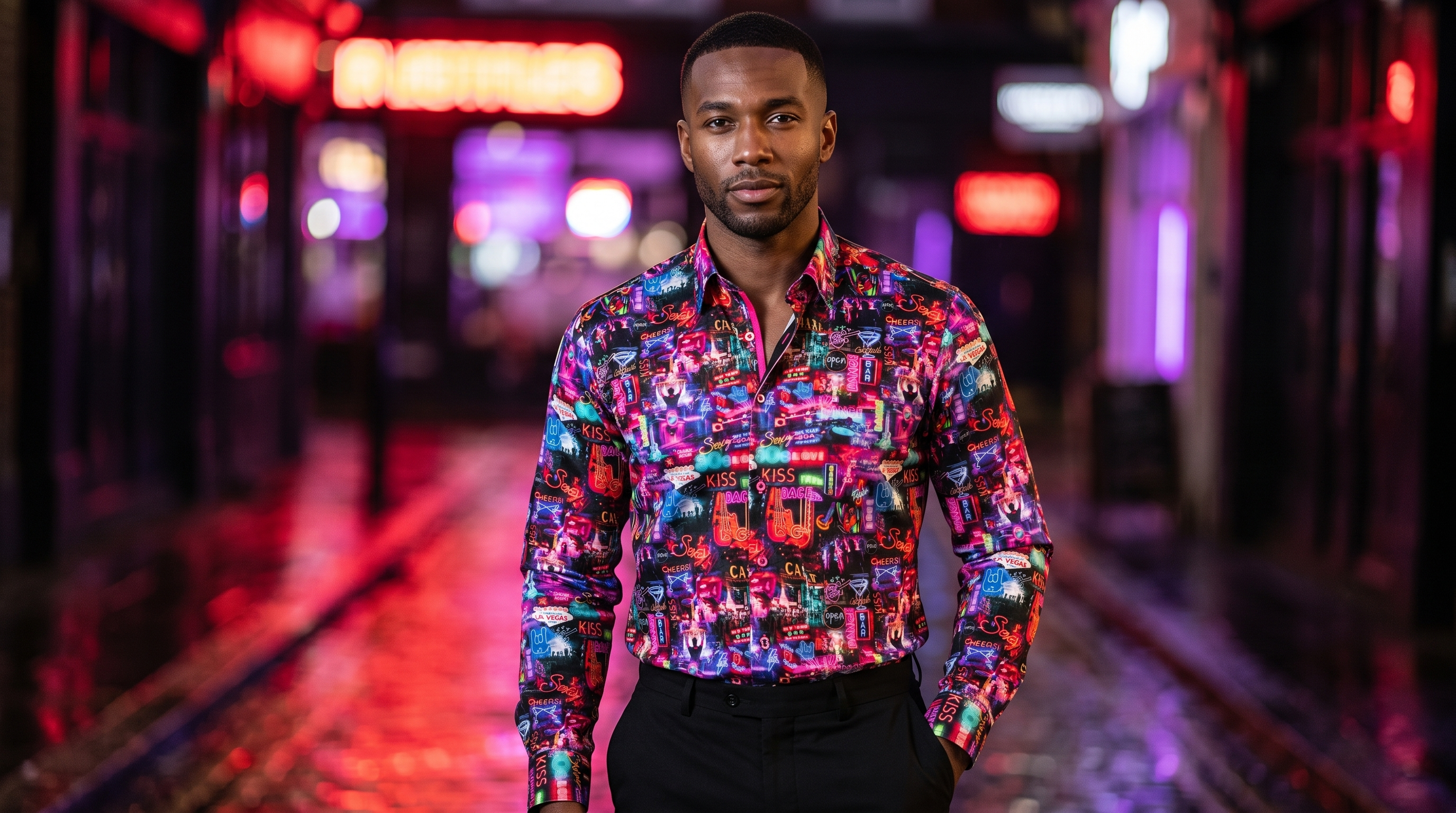 Man wearing the Claudio Lugli Vegas at Night print shirt on a neon-lit Soho street