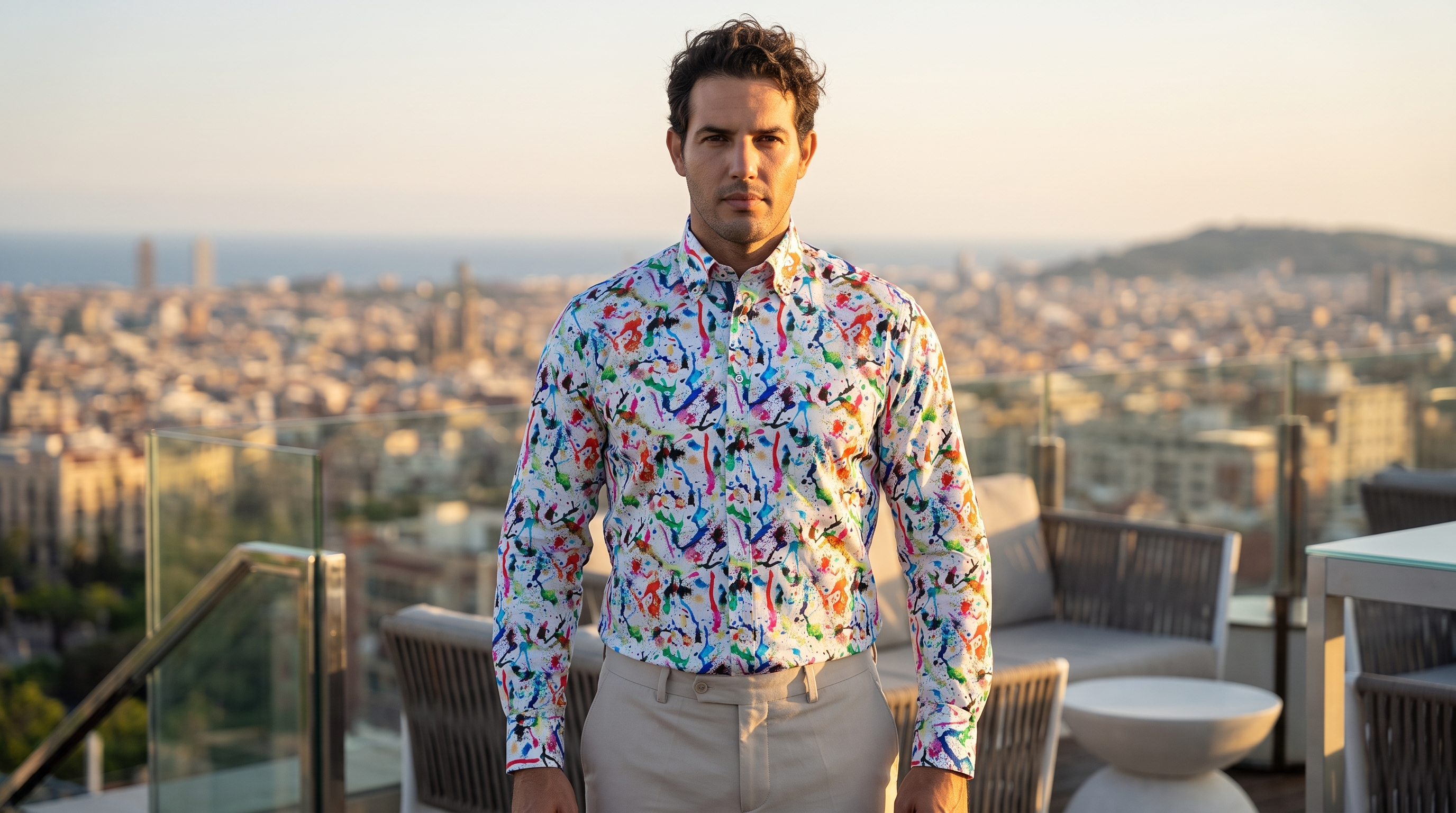 Man in a bold Claudio Lugli paint-splash printed shirt on a rooftop terrace at golden hour